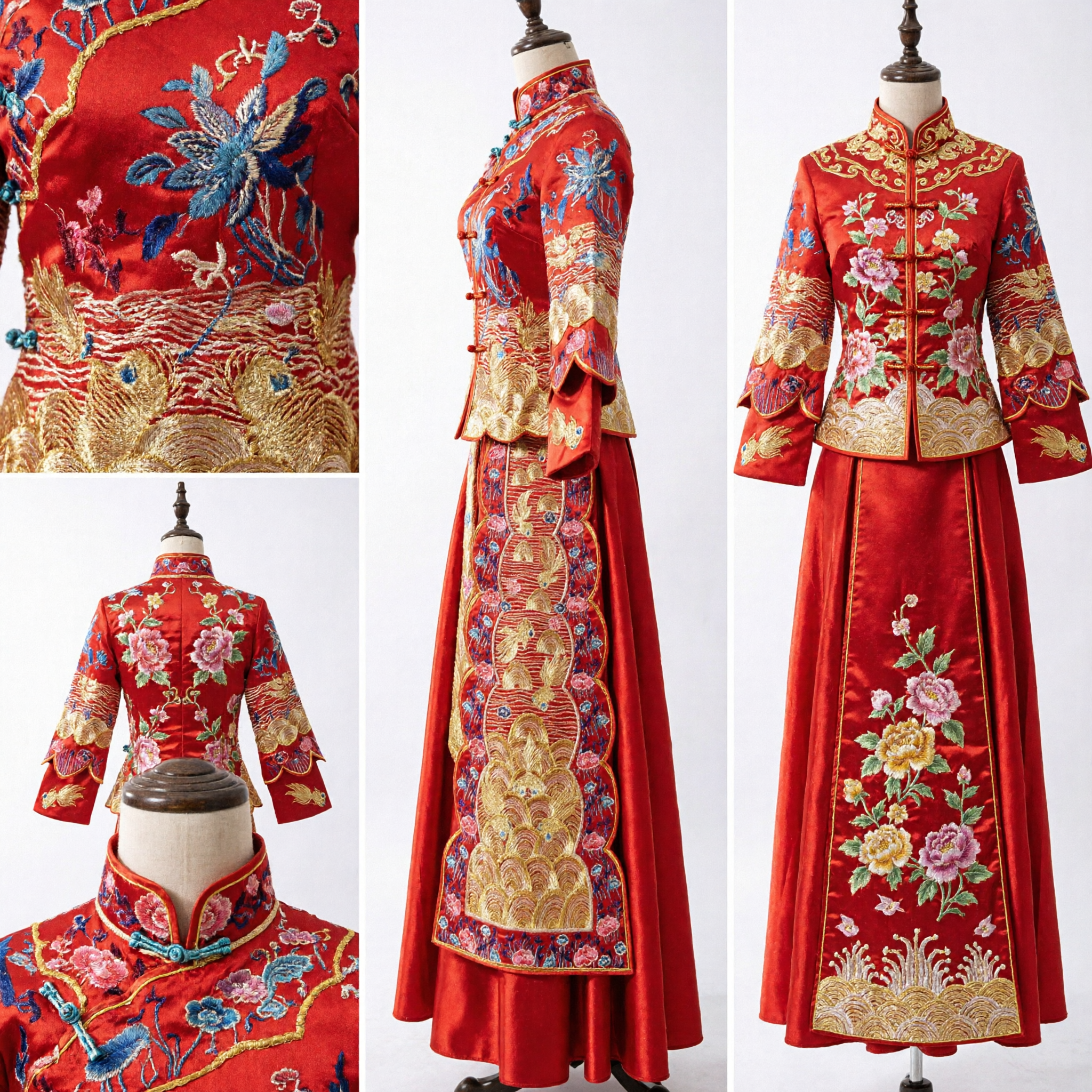 Traditional Chinese Wedding Dress Red Qun Kwa Xiuhe Suit Gold Phoenix Embroidery for Bride - Asian Costume