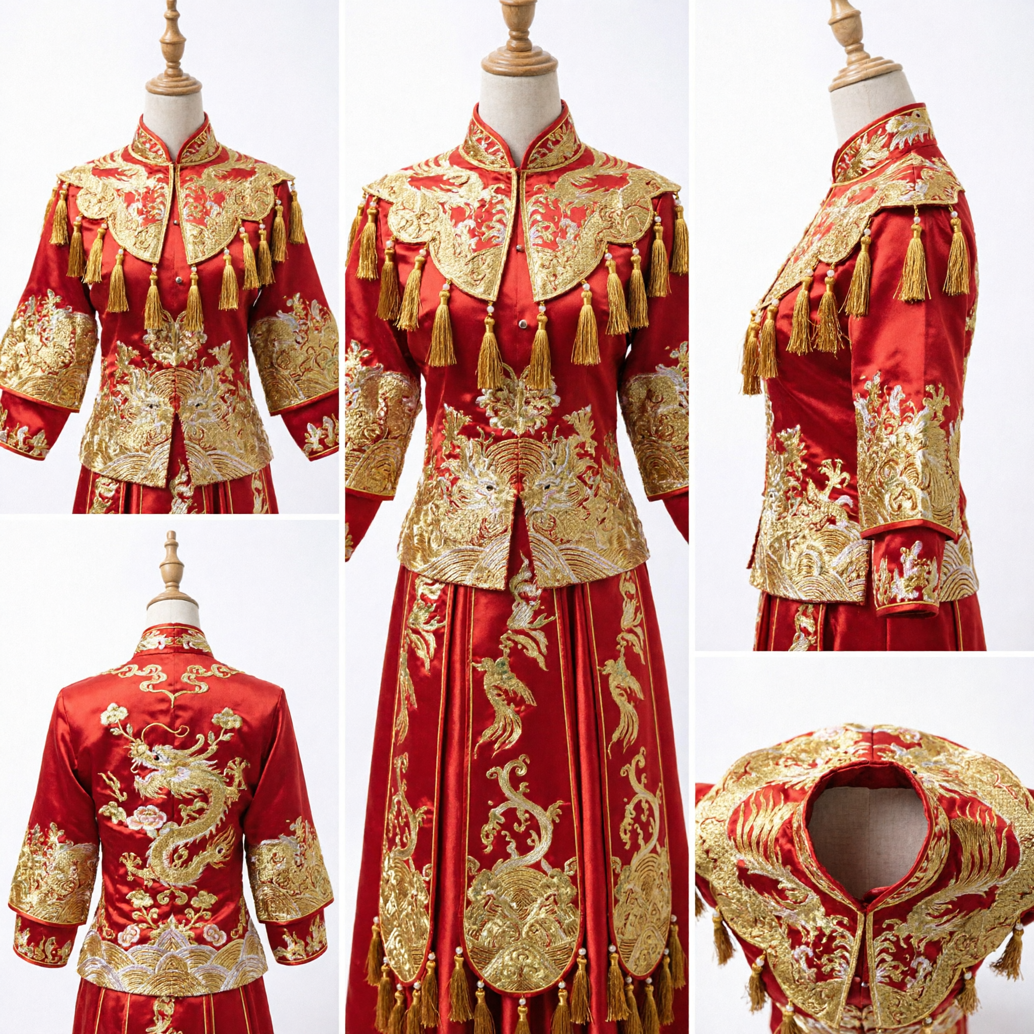 Traditional Chinese Wedding Dress Red Xiuhe Suit Gold Embroidery Tassel Bride Gown for Ceremony - Asian Costume