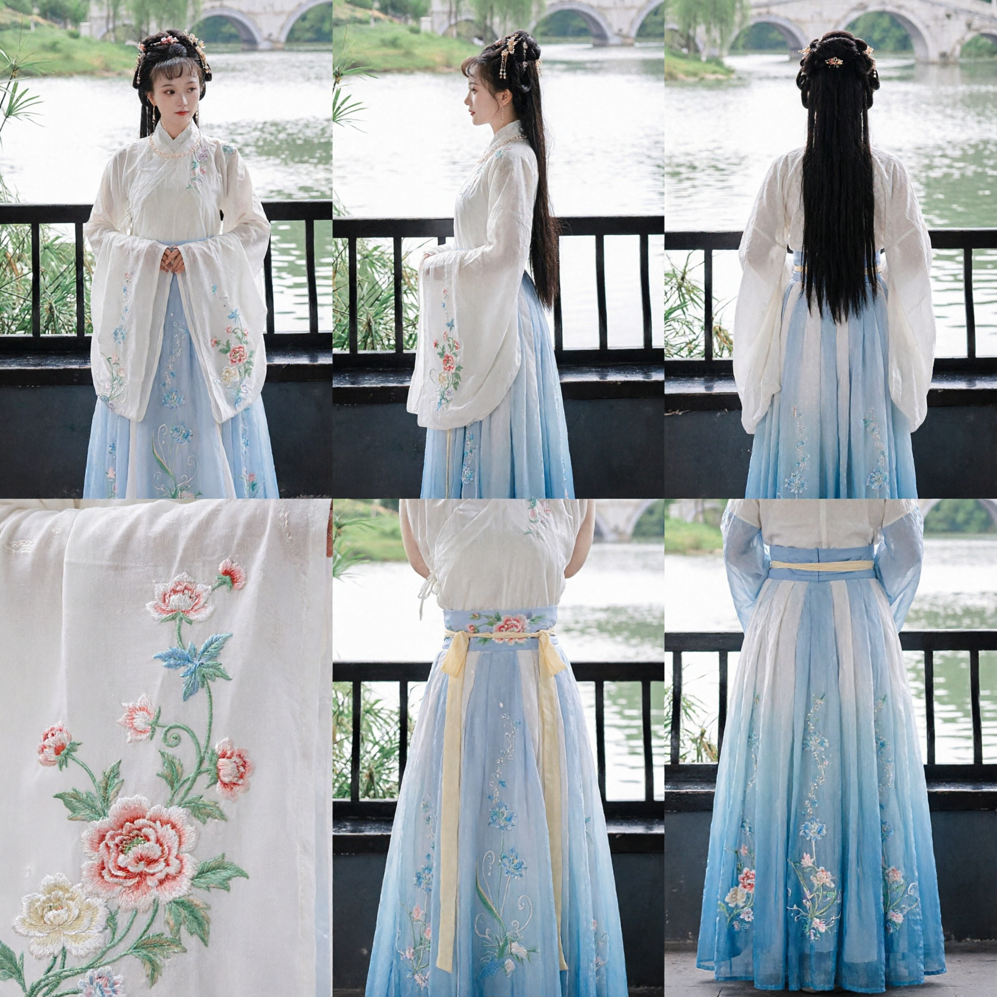 Traditional Chinese Hanfu Dress Ming Dynasty Style Embroidered Floral White Top Blue Skirt Costume for Women - Asian Costume