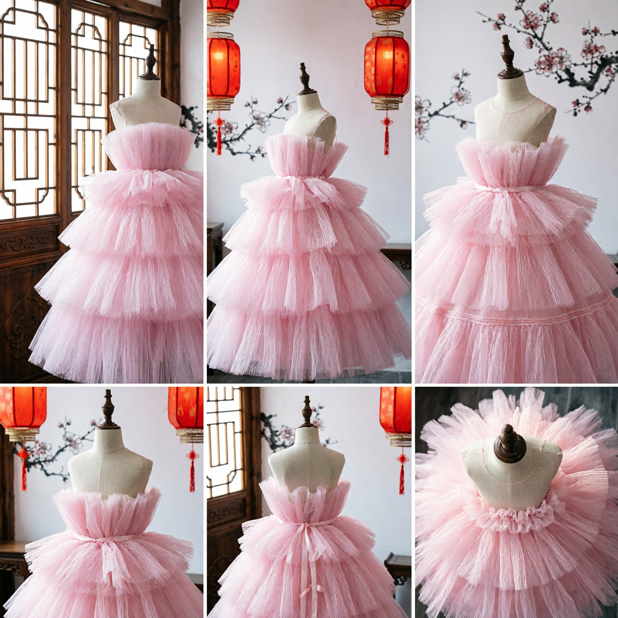 Girls Pink Tiered Tulle Ball Gown Flower Girl Wedding Party Pageant Dress - Asian Costume