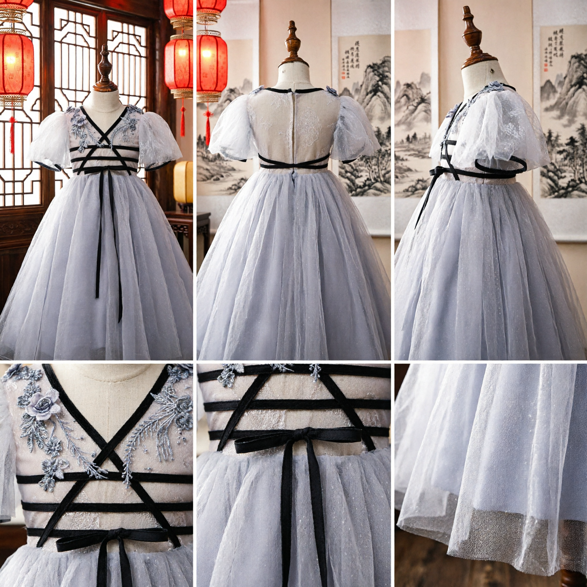 Kids Traditional Chinese Hanfu Inspired Dress Embroidered Tulle Ballgown for Flower Girl Wedding Party - Asian Costume
