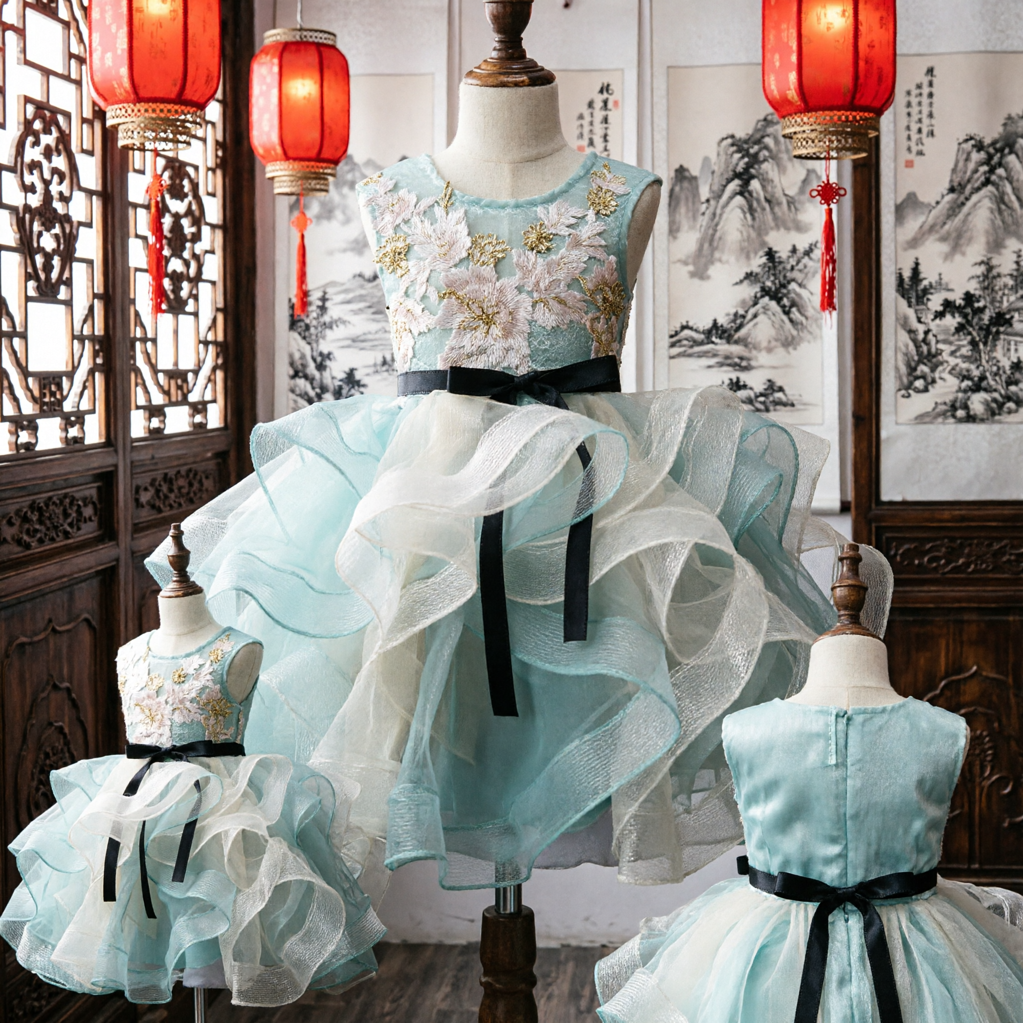 Kids Girls Blue Floral Cheongsam Tutu Dress Traditional Chinese Dance Performance Costume Princess Party Gown - Asian Costume