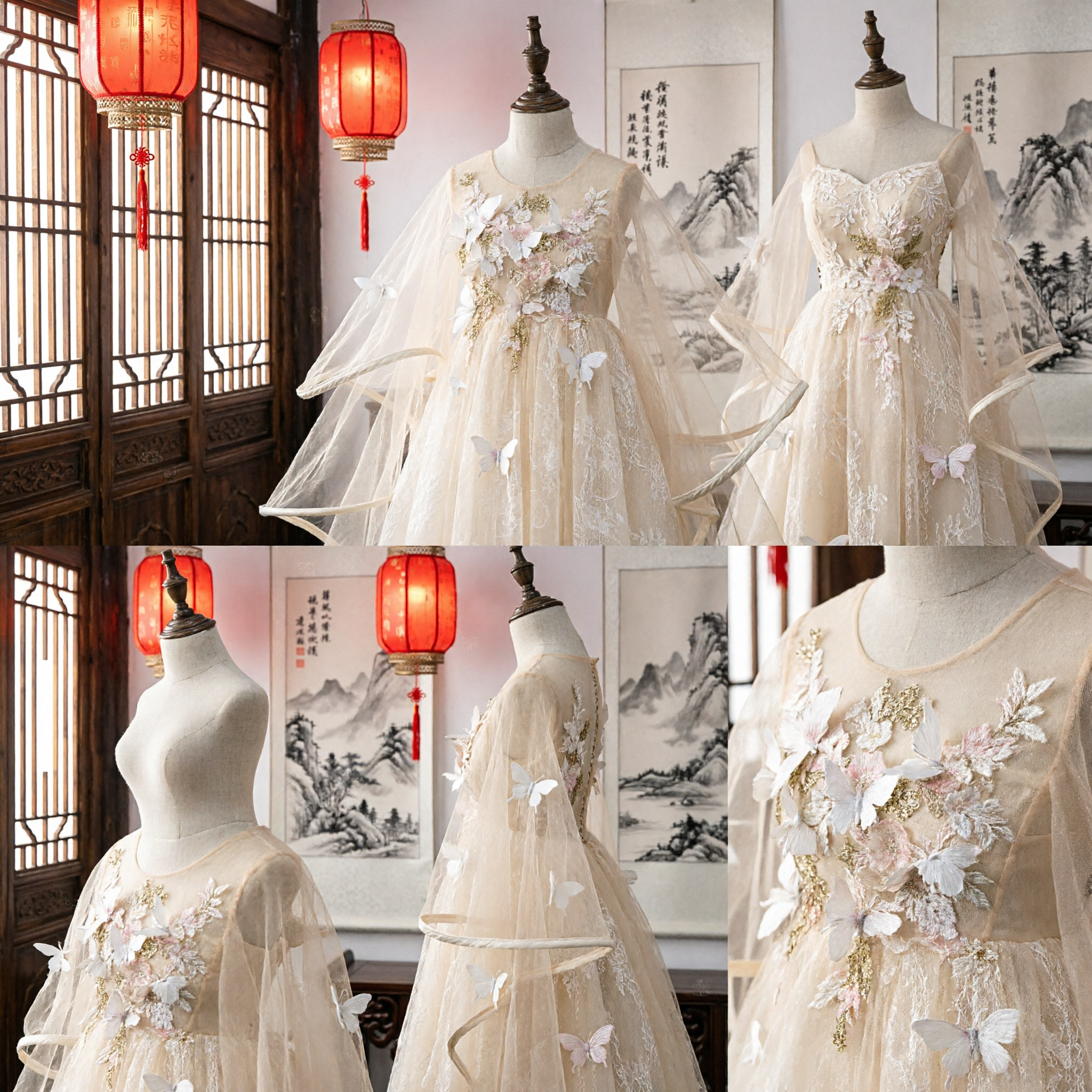 Elegant Cream Fairy Hanfu Dress for Girls with 3D Flowers Butterflies and Structured Sheer Cape - Asian Costume