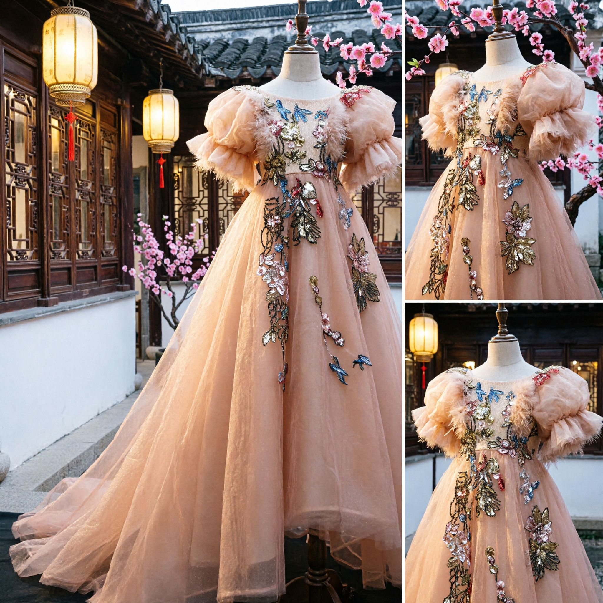 Elegant Champagne Princess Ballgown for Girls Long Tulle Flower Girl Wedding Dress with Floral Embroidery Puffy Sleeves - Asian Costume