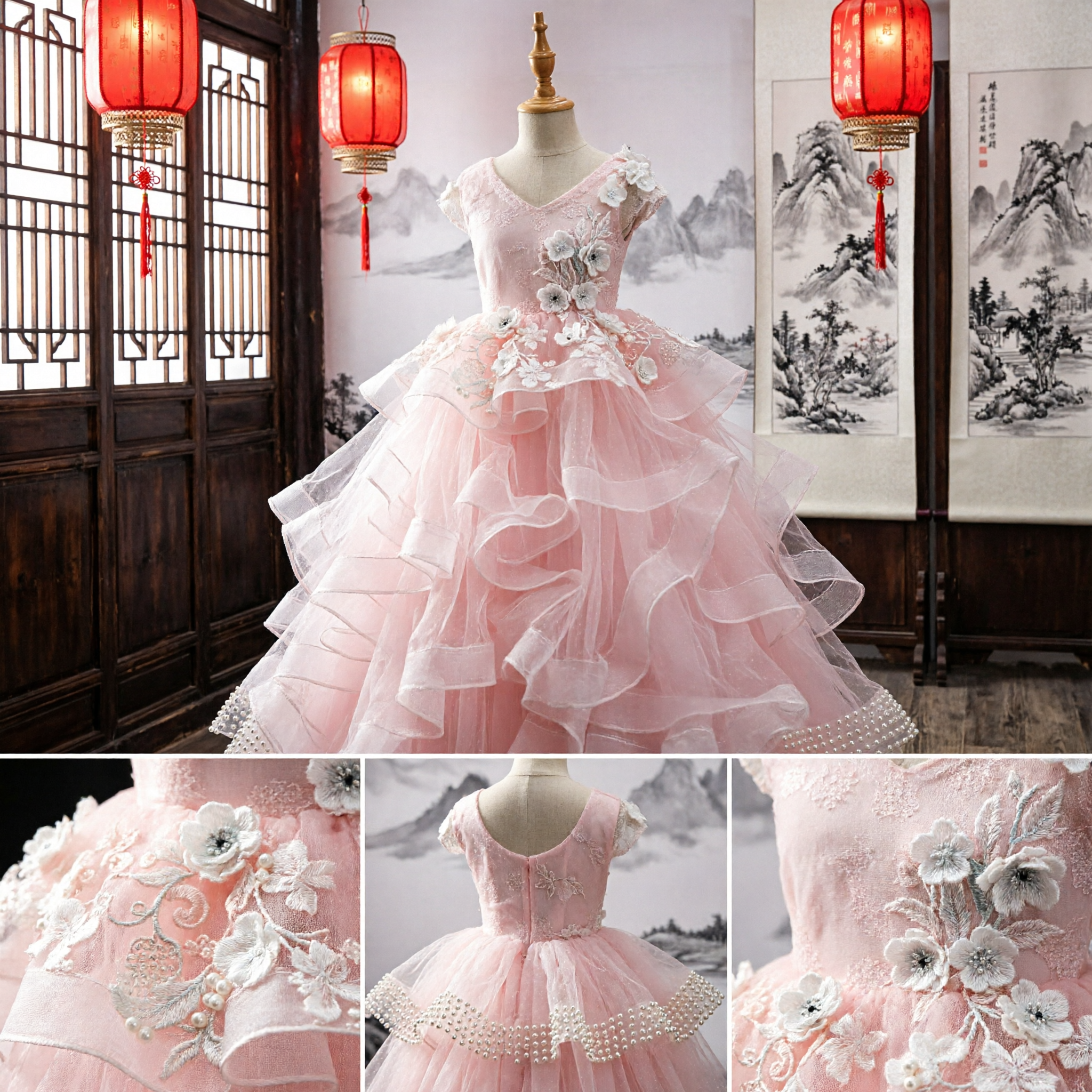 Pink Kids Flower Girl Ball Gown Wedding Pageant Dress with Ruffled Tulle Skirt and Floral Appliques - Asian Costume