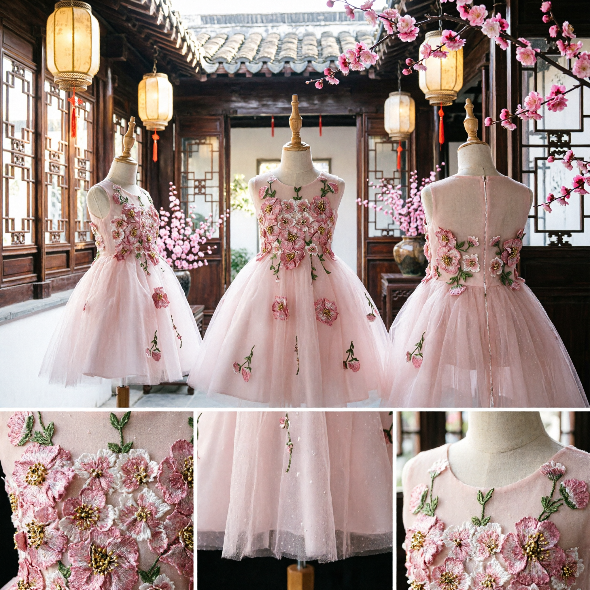 Elegant Pink Floral Embroidery Tulle Princess Dress for Girls Kids Flower Girl Wedding Party Gown - Asian Costume