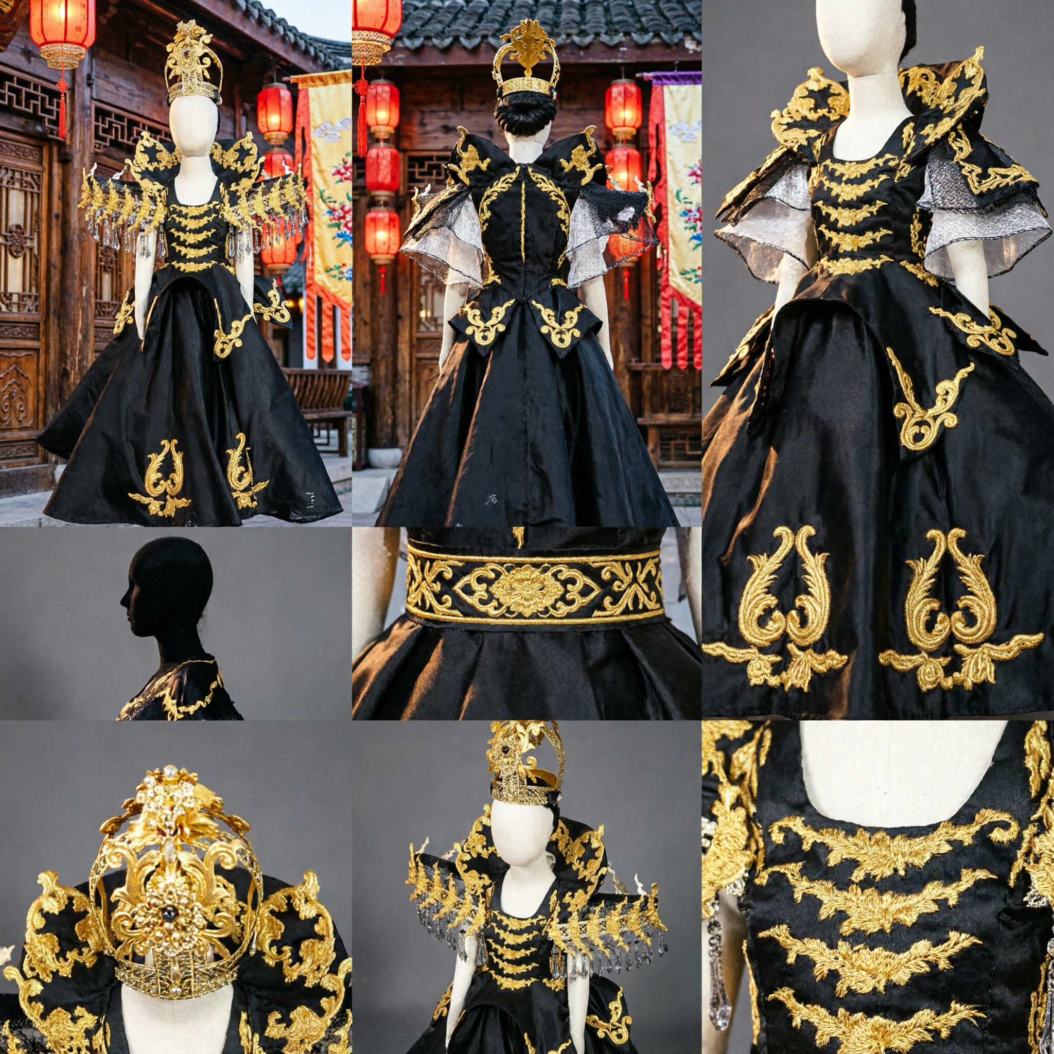 Traditional Chinese Black Gold Ancient Queen Empress Costume Dress with Crown for Stage Performance Dance - Asian Costume