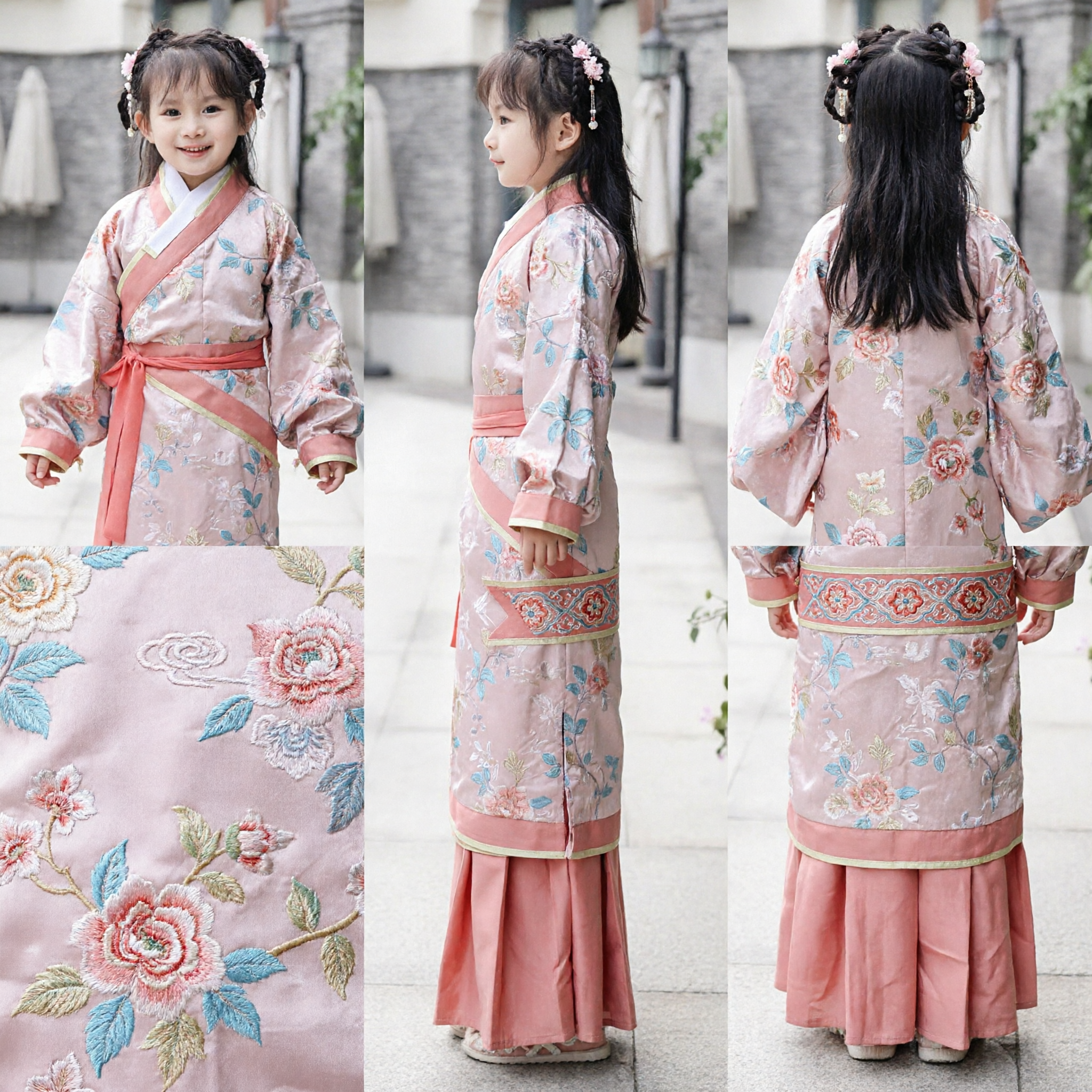 Traditional Chinese Hanfu for Girls Kids Ancient Costume Floral Embroidery Tang Suit Dress for Festival Performance - Asian Costume