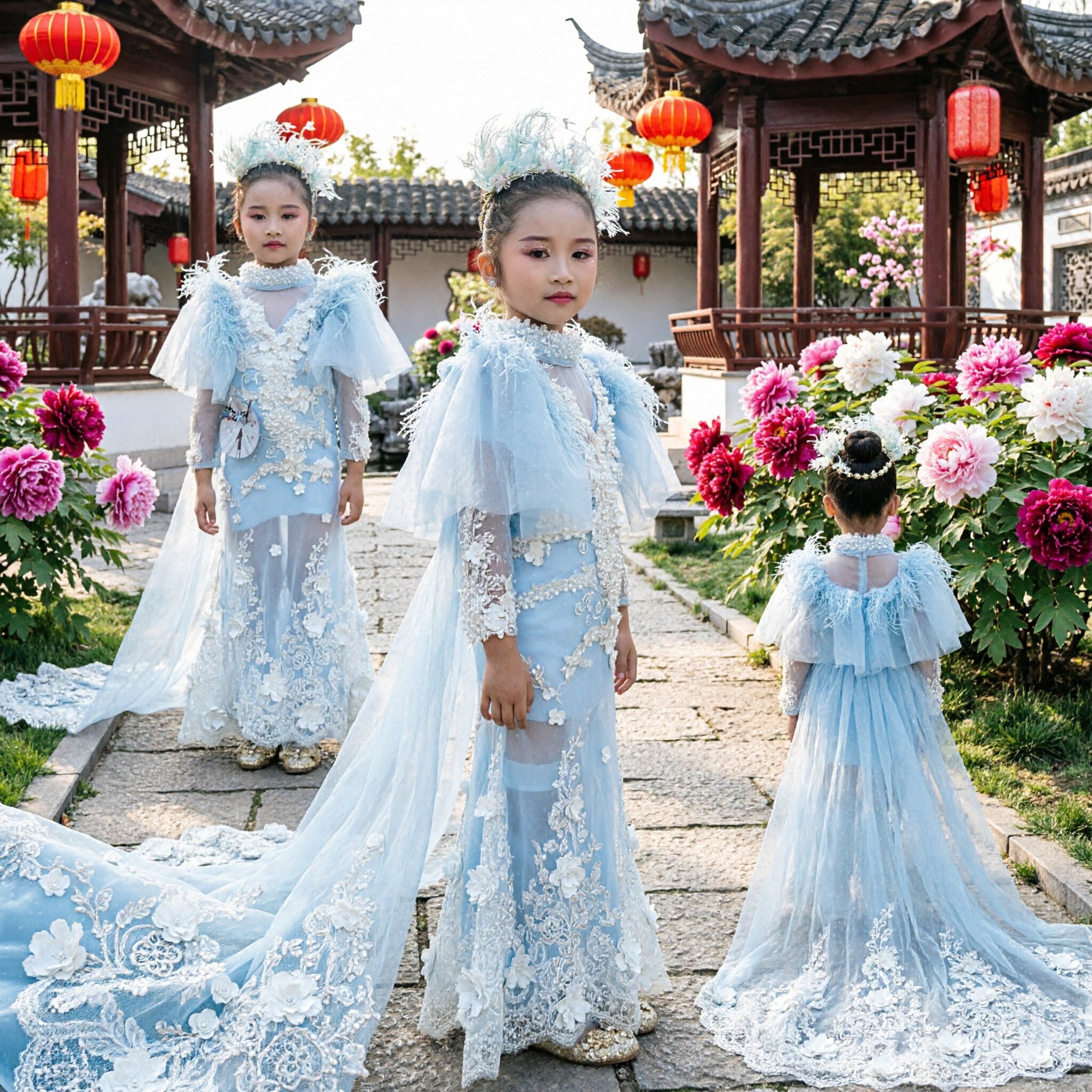 Elegant Light Blue Kids Princess Pageant Gown with Feather Cape and 3D Floral Lace for Weddings - Asian Costume