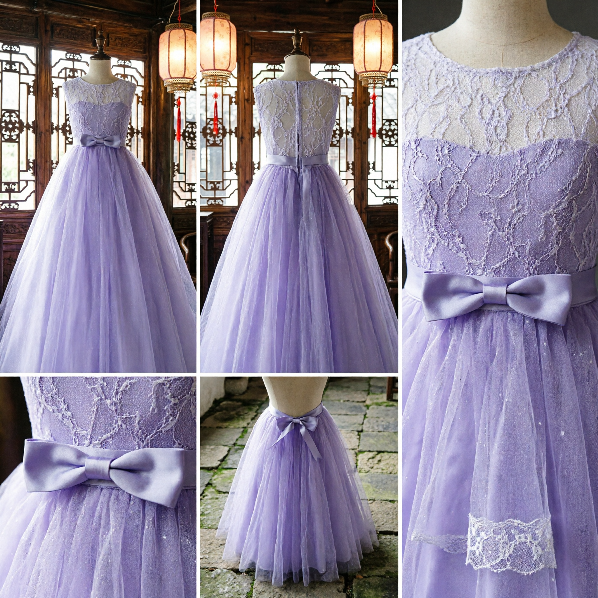 Elegant Purple Lace Flower Girl Dress Long Tulle Ballgown for Kids Wedding Party Formal Wear - Asian Costume