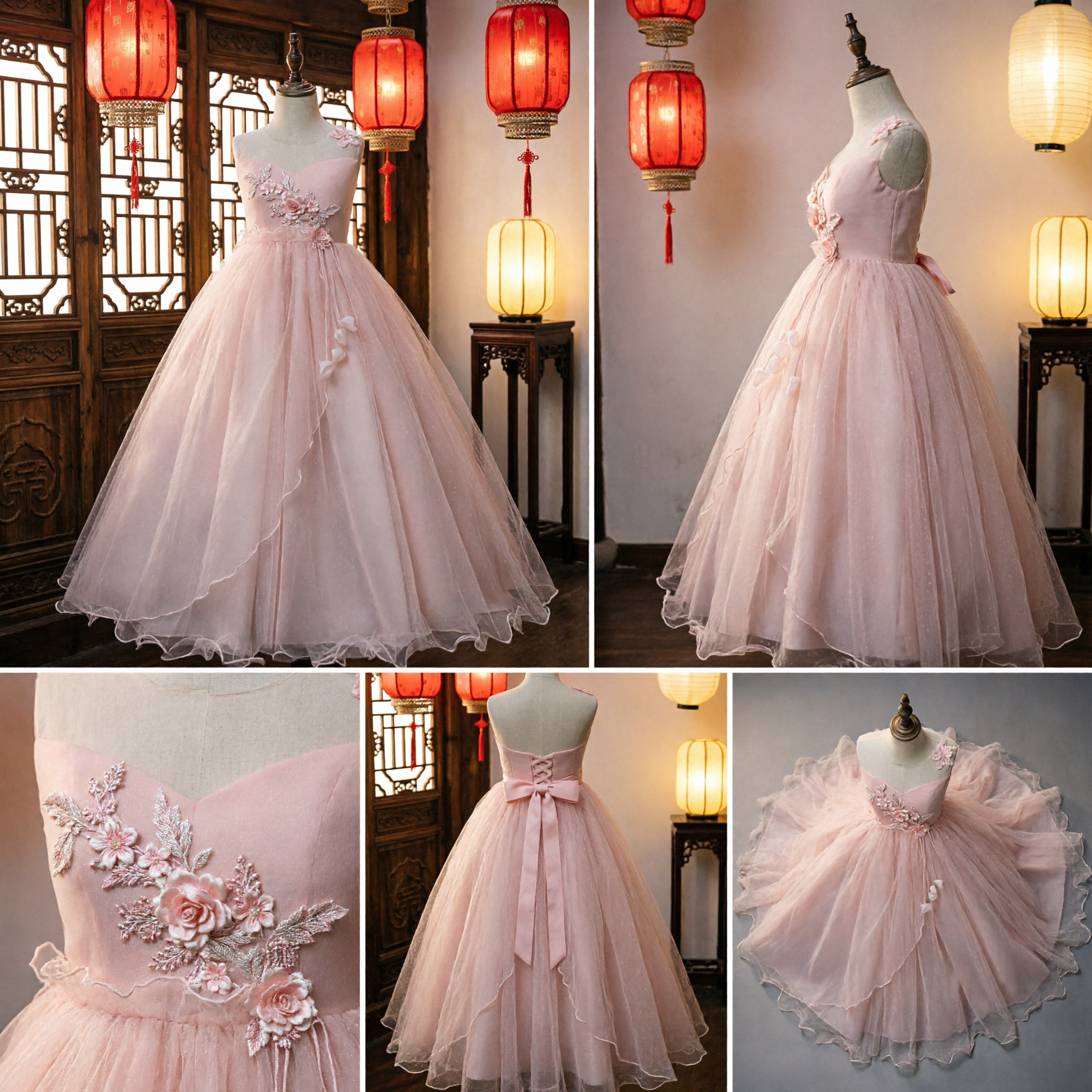 Elegant Pink Tulle Ball Gown Flower Girl Dress with Floral Appliques for Wedding and Party Occasions - Asian Costume