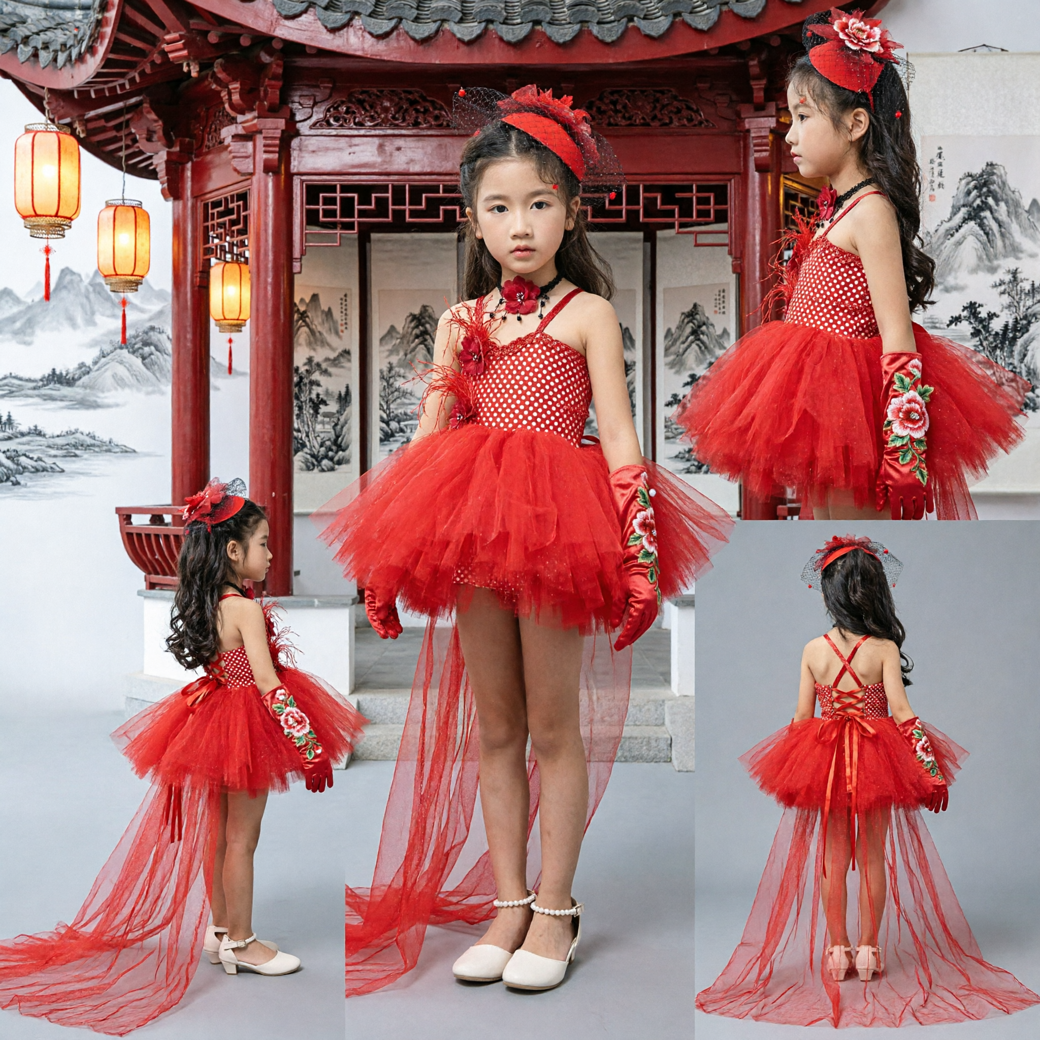 Girls Red Sequin Latin Dance Costume Kids Tutu Dress with Feather Headpiece and Gloves for Stage Performance - Asian Costume