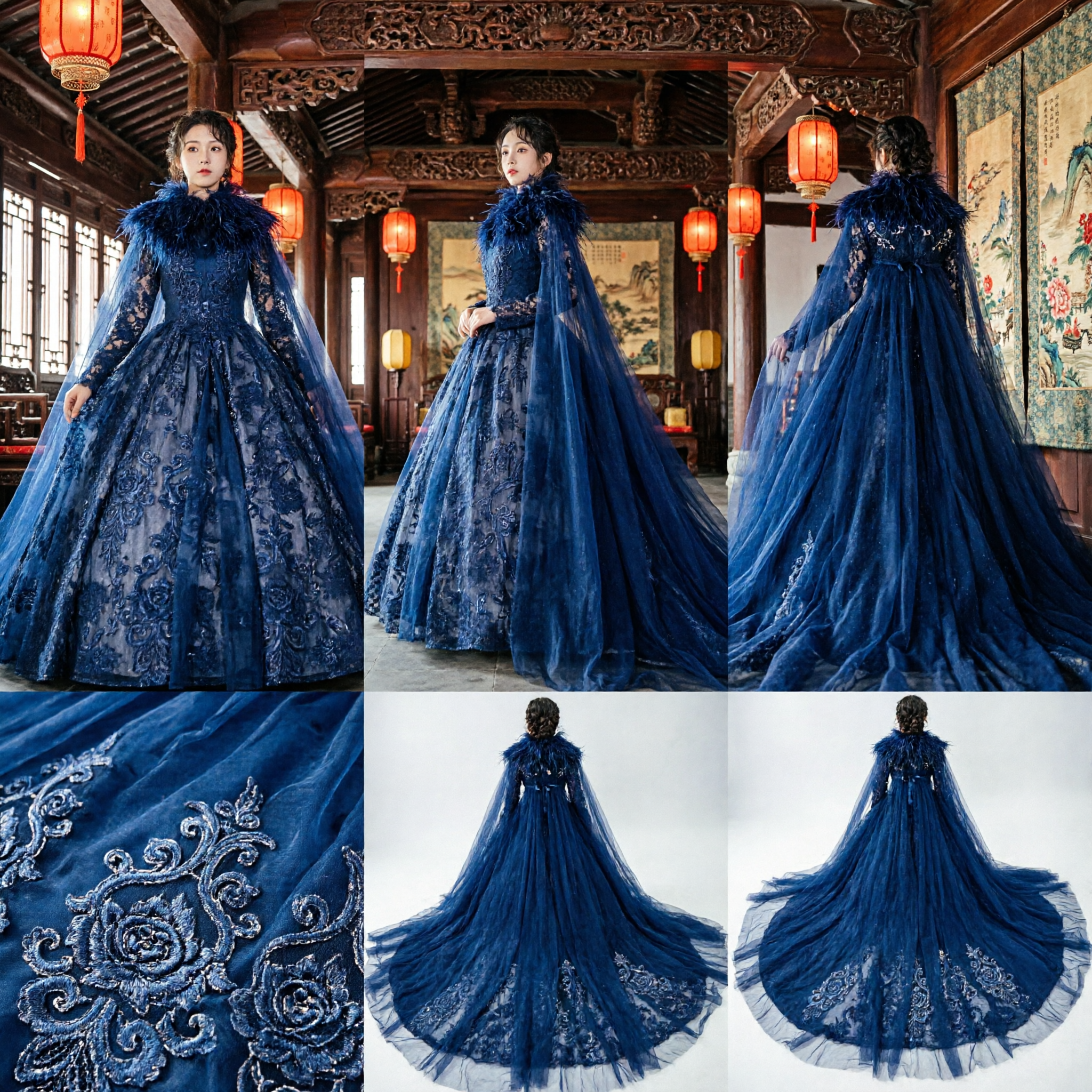 Navy Blue Lace Princess Ball Gown with Feather Collar for Girls Kids Stage Performance Costume - Asian Costume