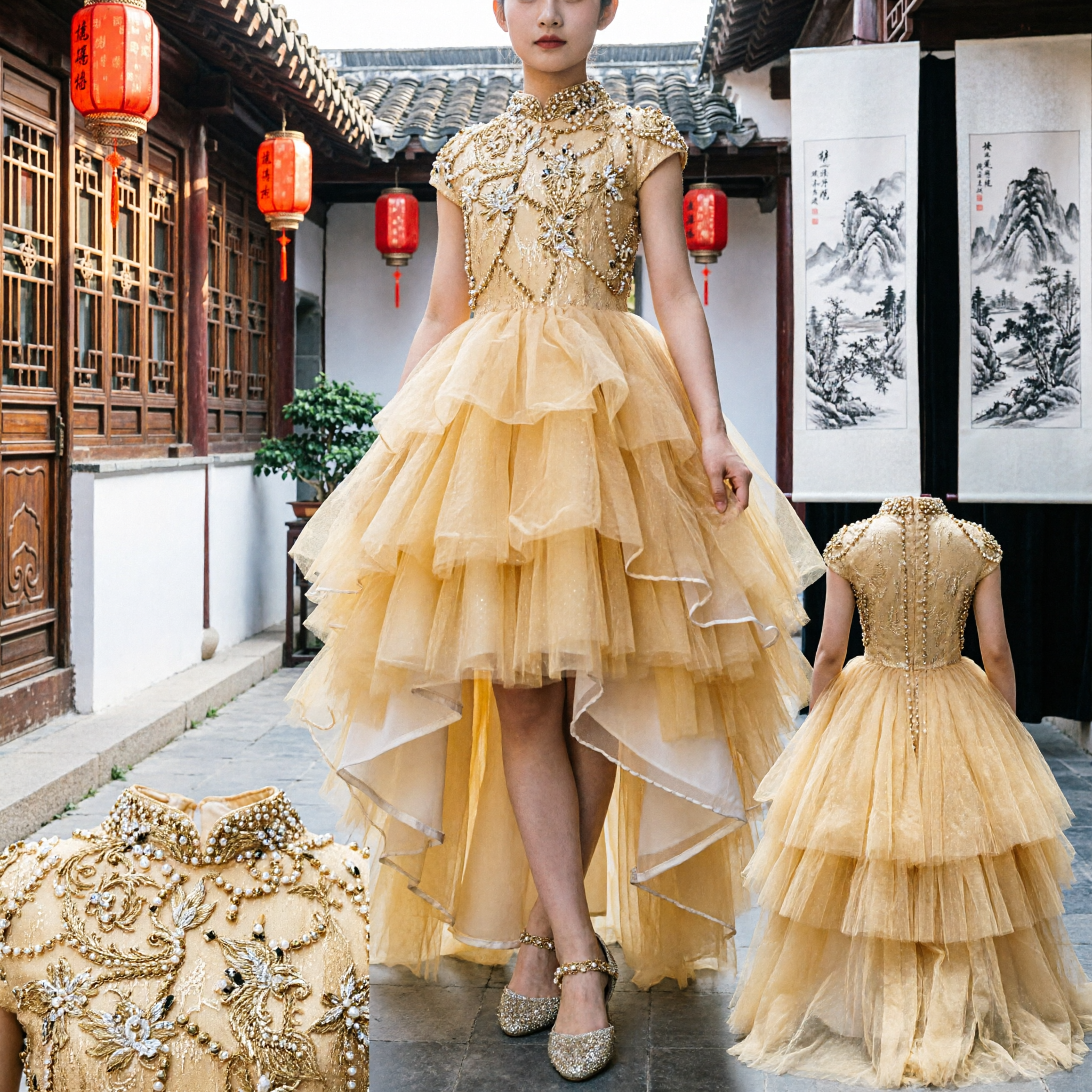 Girls Golden Sequin High-Low Ball Gown with Tiered Tulle Skirt for Wedding Party and Stage Show - Asian Costume