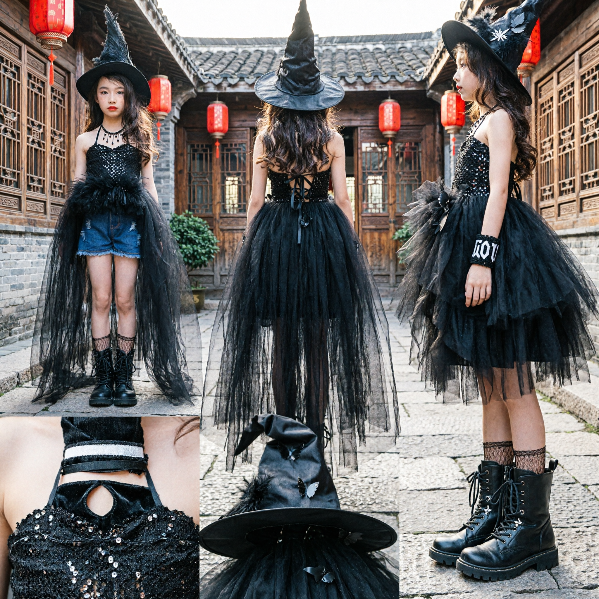 Girls Edgy Rock Witch Halloween Costume Black Tulle Train Denim Shorts Cosplay Outfit - Asian Costume