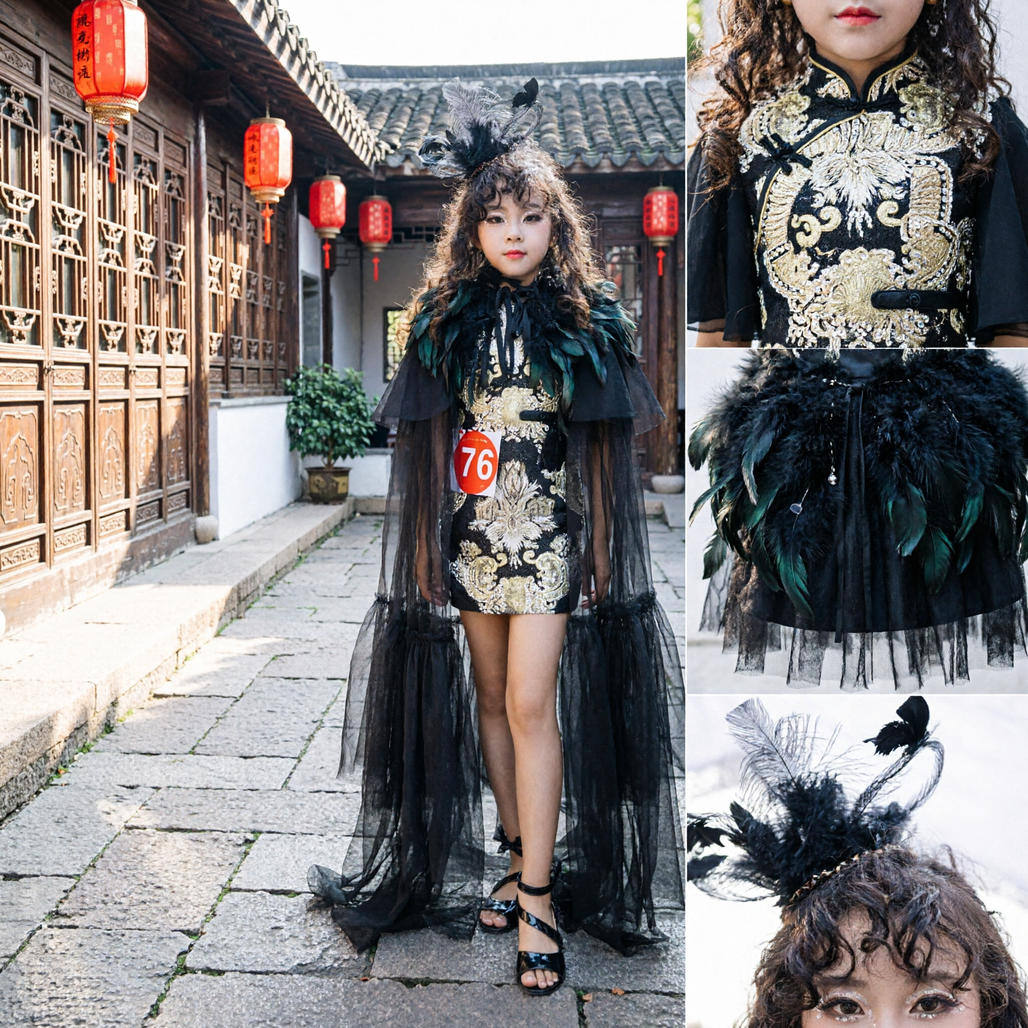 Women's Black Gold Gothic Cheongsam Dress with Sheer Tulle Cape for Stage Performance and Cosplay - Asian Costume