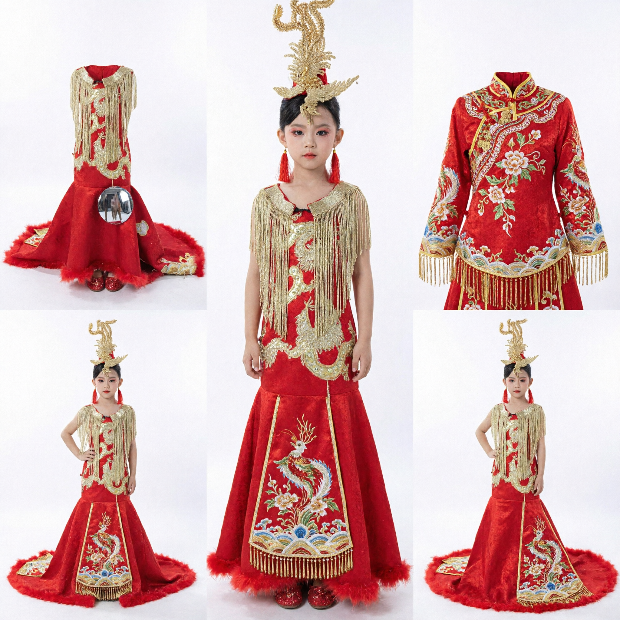 Kids Traditional Chinese Stage Performance Dress Red Gold Embroidered Dragon Gown with Phoenix Headdress for Girls - Asian Costume