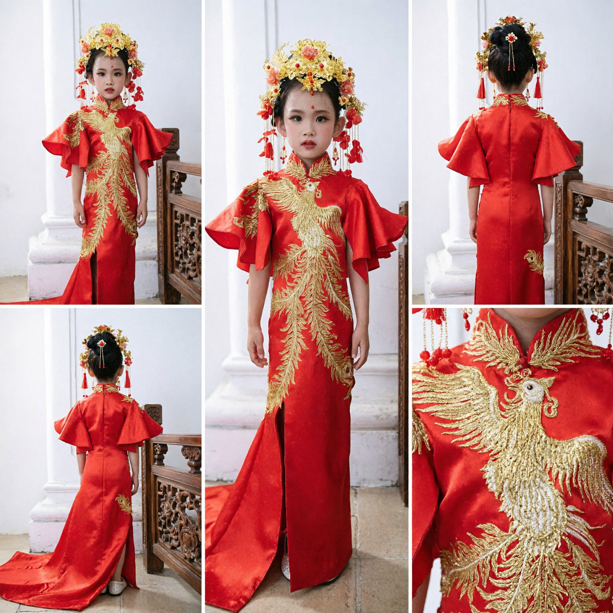 Children's Traditional Chinese Wedding Dress Red Phoenix Qipao Flower Girl Gown with Gold Headpiece for Ceremony - Asian Costume