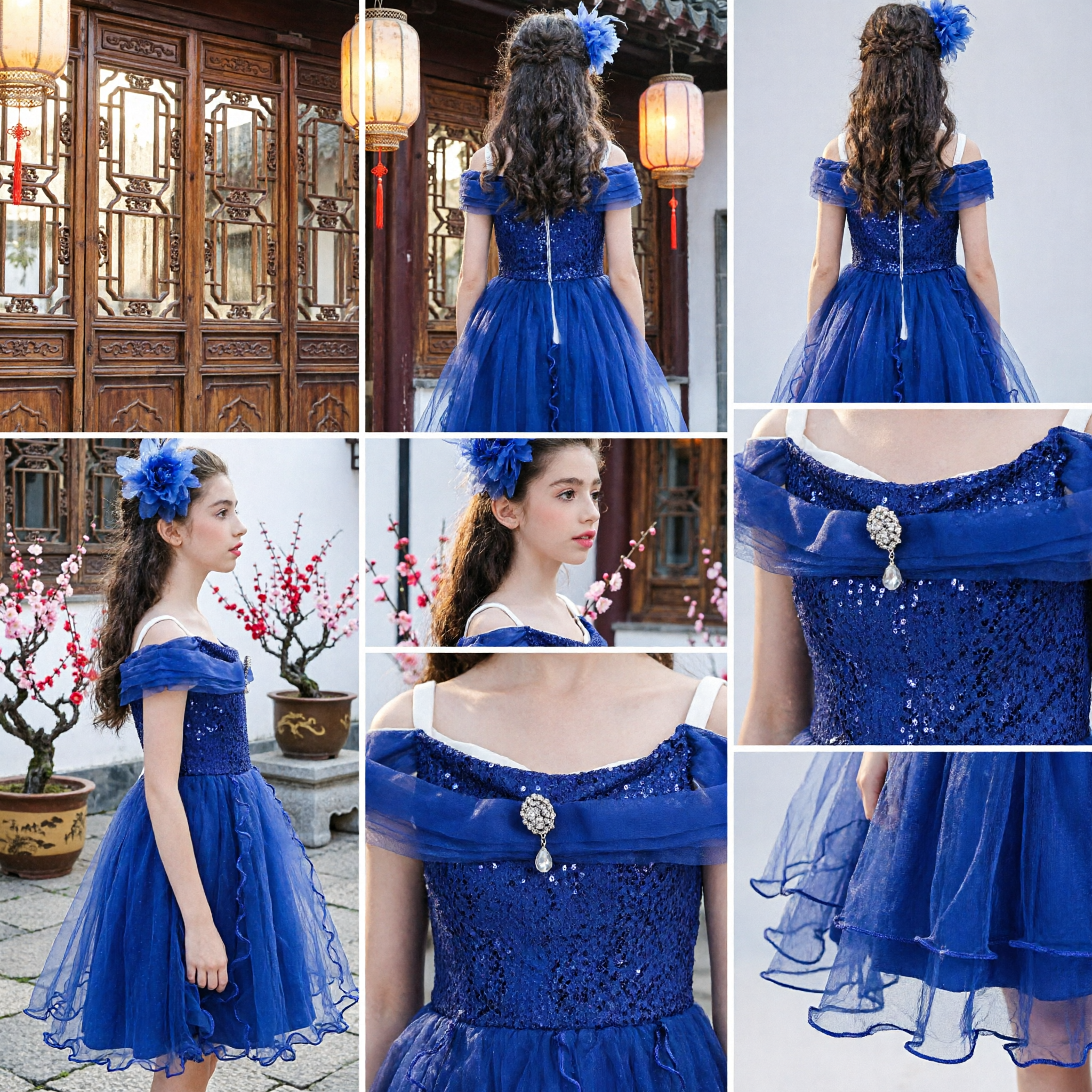 Royal Blue Off-Shoulder Sequin Princess Dress with Ruffled Tulle Skirt for Girls Wedding Party - Asian Costume