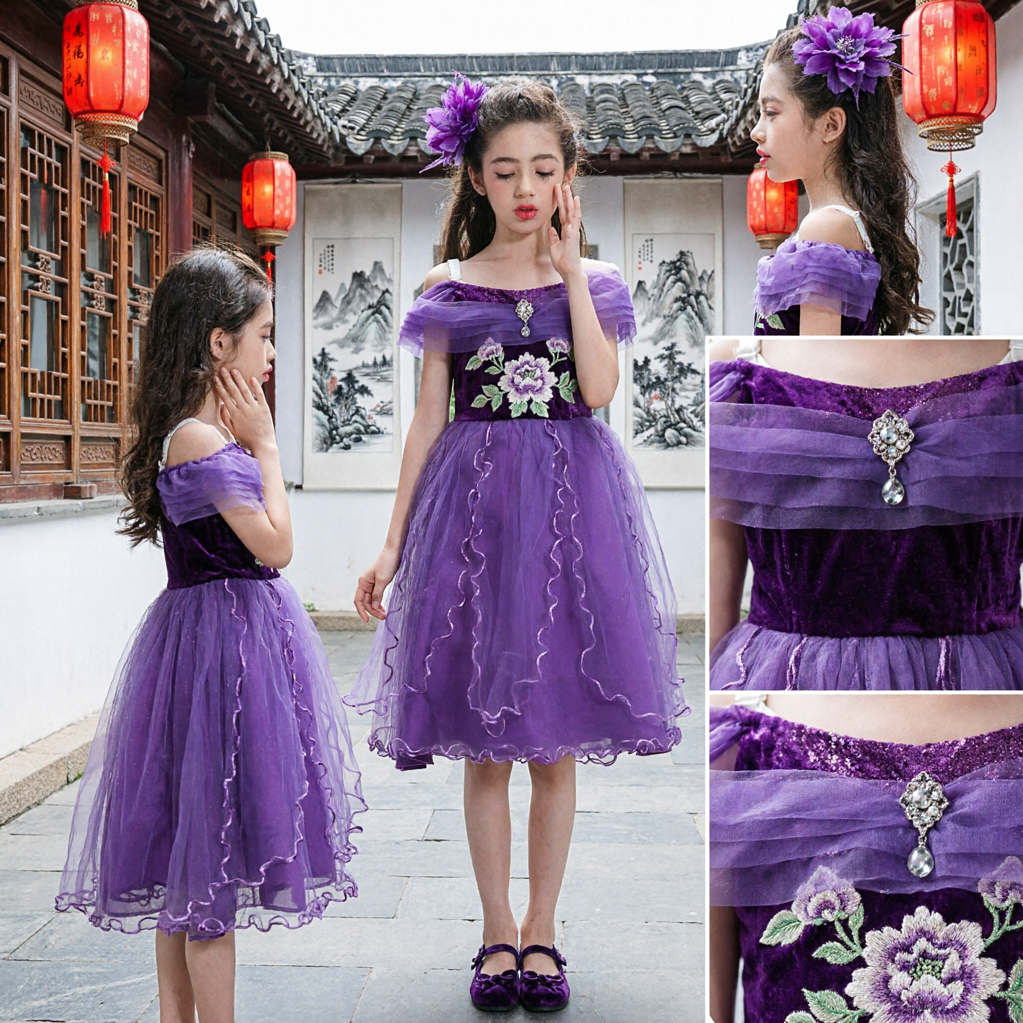 Elegant Purple Off-Shoulder Tulle Dress for Girls Formal Party Performance Flower Girl Gown with Ruffles - Asian Costume