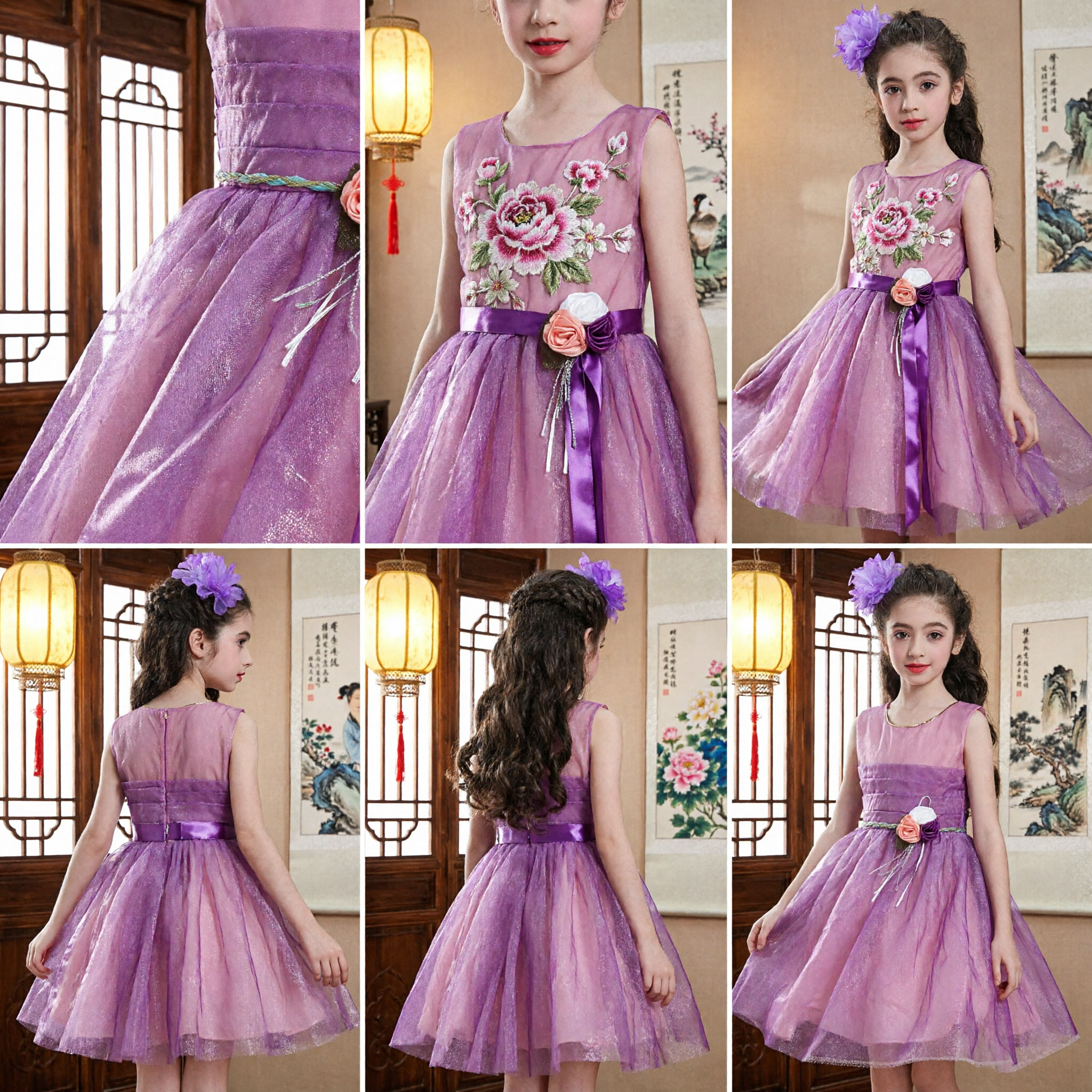 Girls Purple Pink Gradient Sleeveless Cheongsam Dress Modern Chinese Style Tulle Skirt Party Performance Costume - Asian Costume