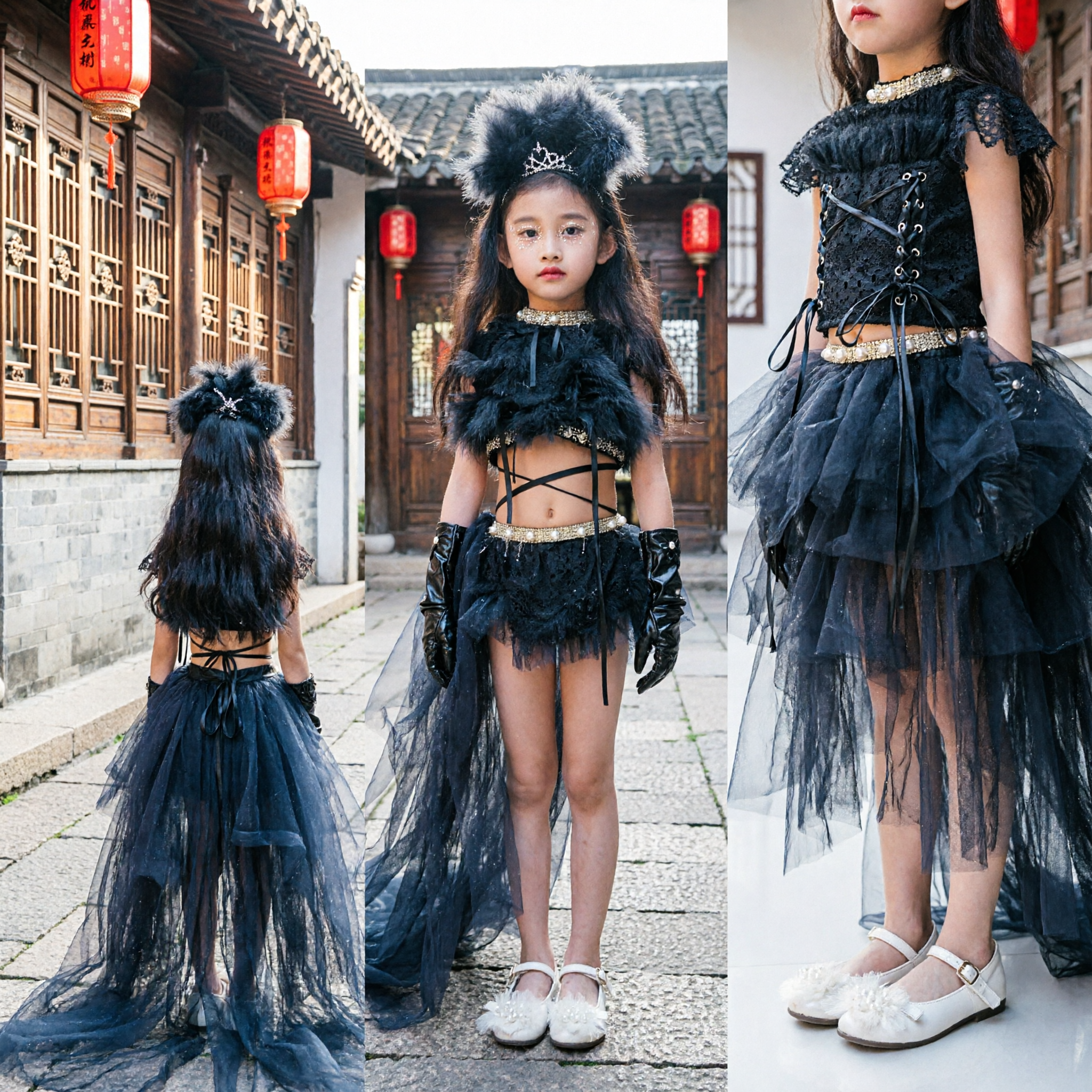 Kids Girls Black Swan Stage Performance Costume featuring Feather Crop Top, Long Tulle Skirt, and Crown Headpiece - Asian Costume