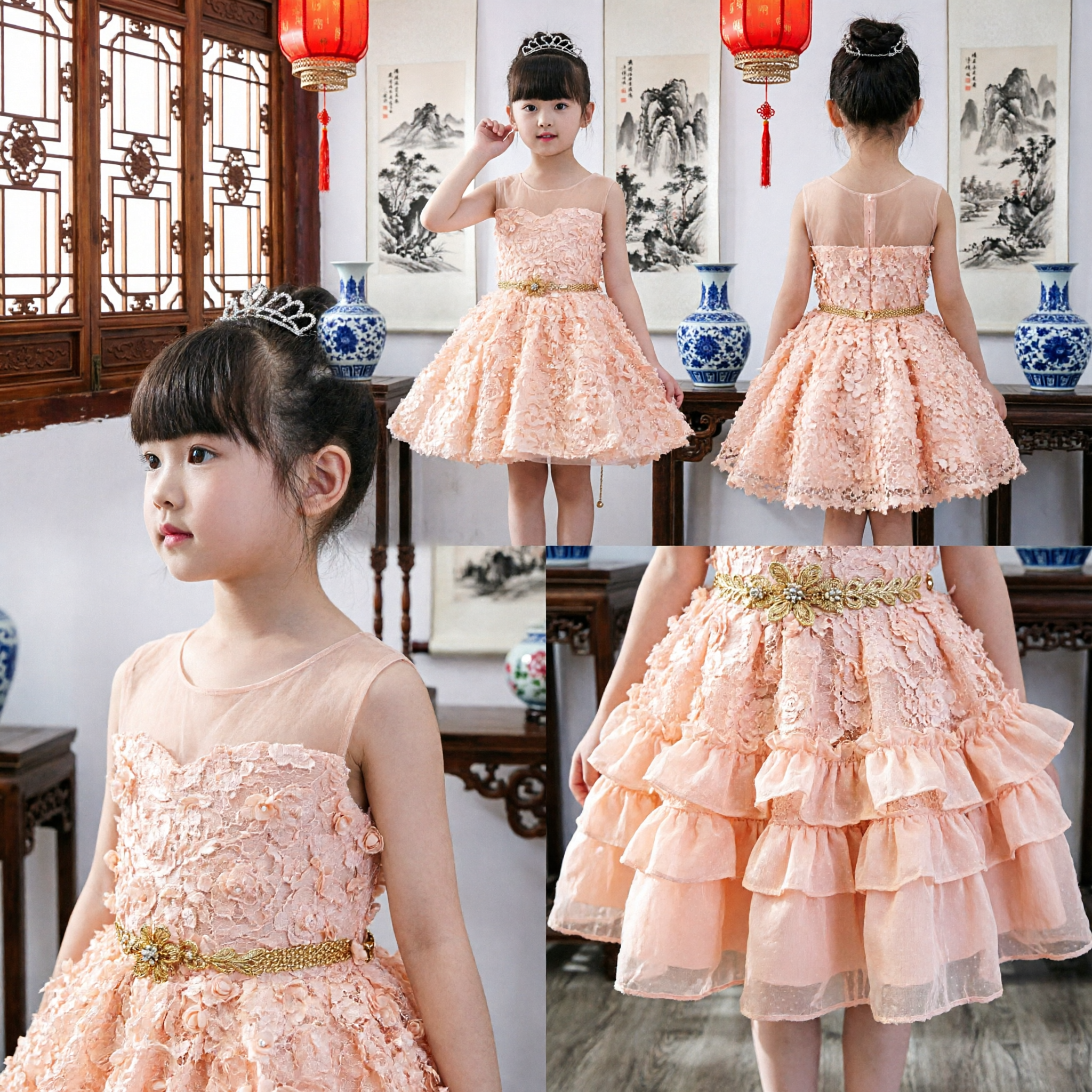 Elegant Girls Peach Floral Appliqué Princess Dress Formal Ball Gown for Wedding Flower Girl Party - Asian Costume
