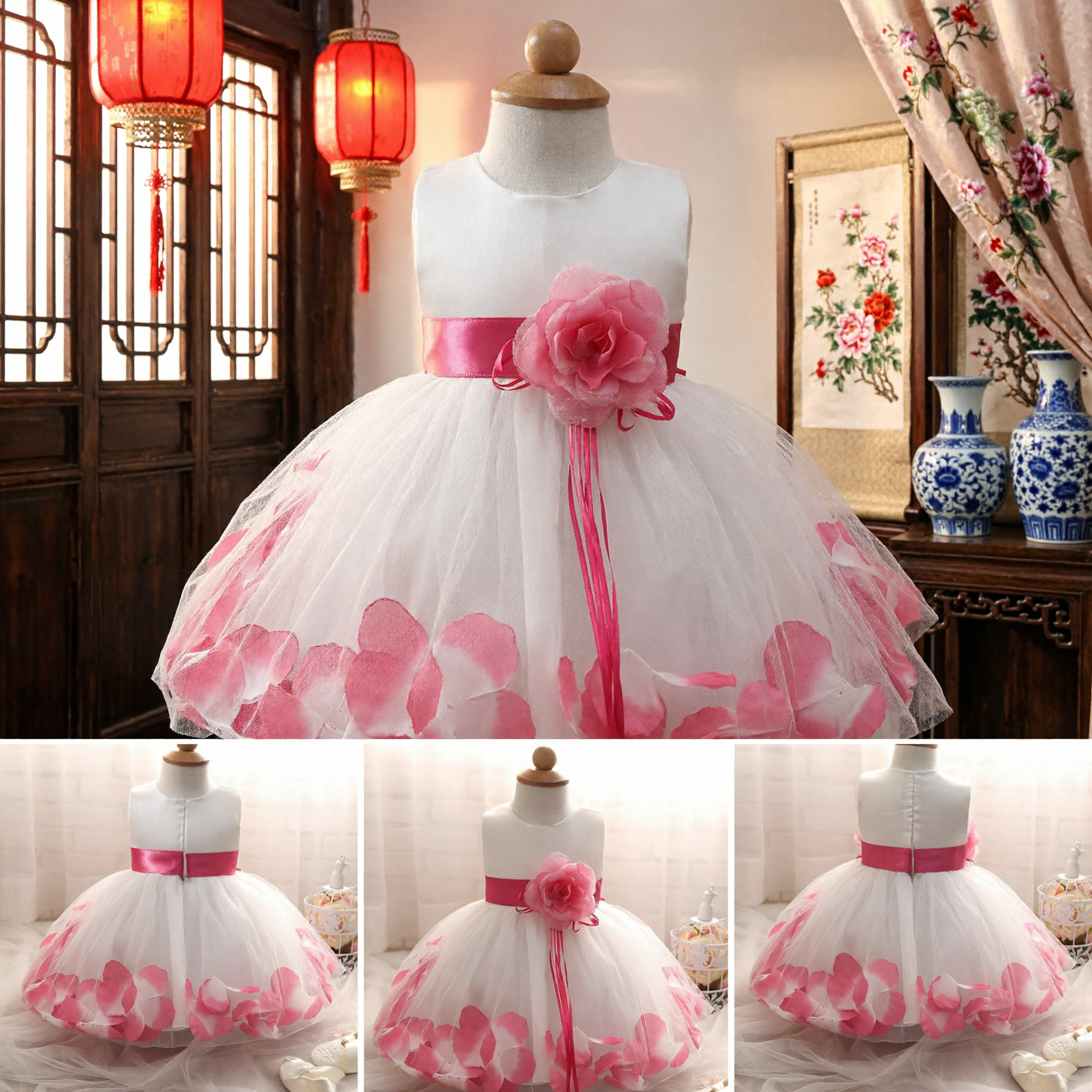 White Tulle Flower Girl Dress with Pink Petal Skirt and Sash for Toddler Wedding Party - Asian Costume