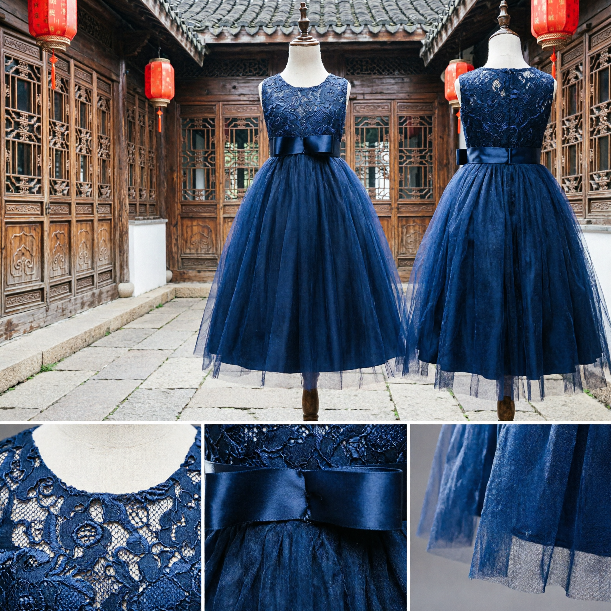 Elegant Navy Blue Sleeveless Lace Bodice Long Tulle Ballgown Dress for Flower Girls Weddings - Asian Costume