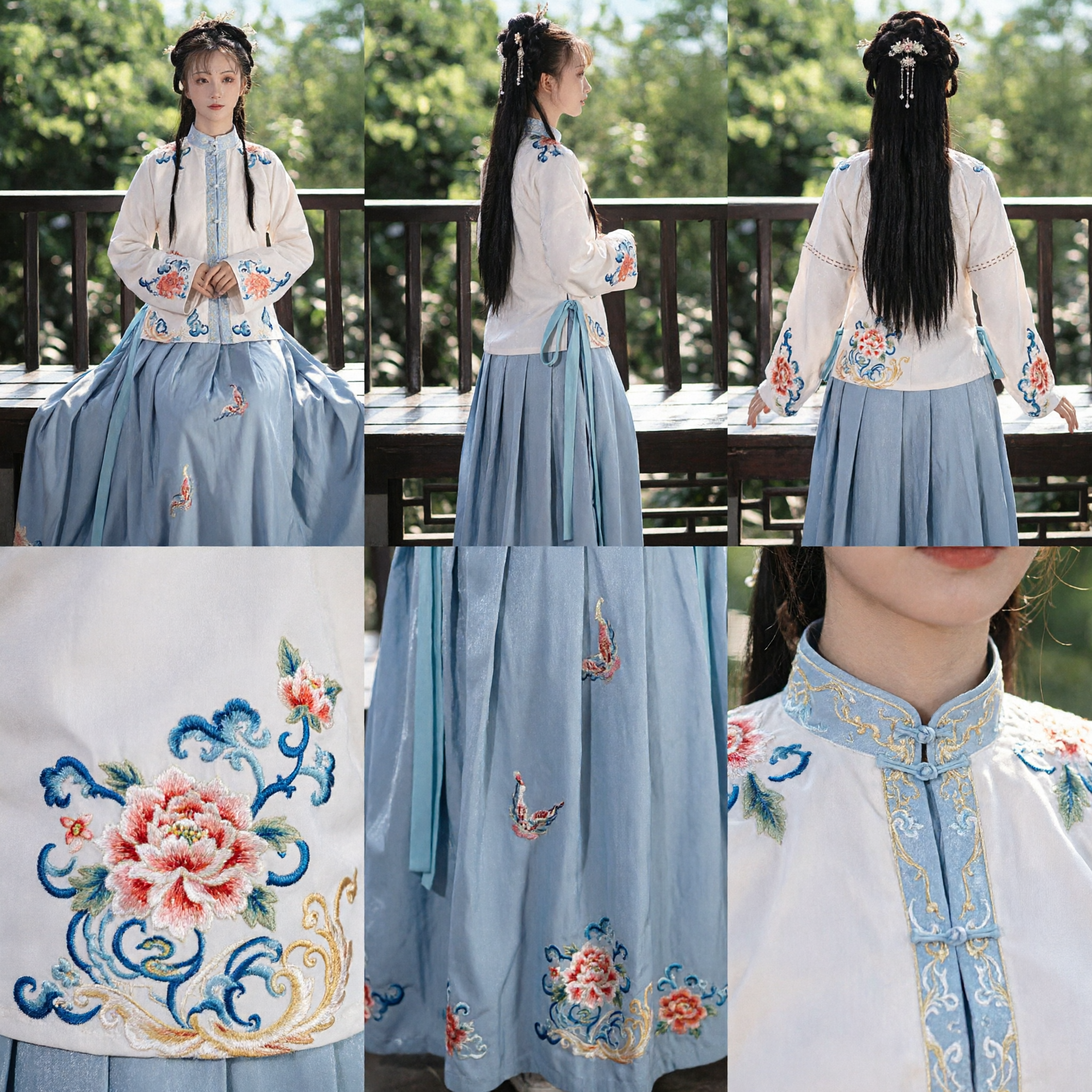 Traditional Chinese Hanfu Ming Dynasty Style Embroidered Ao Top and Blue Pleated Skirt Set for Women - Asian Costume
