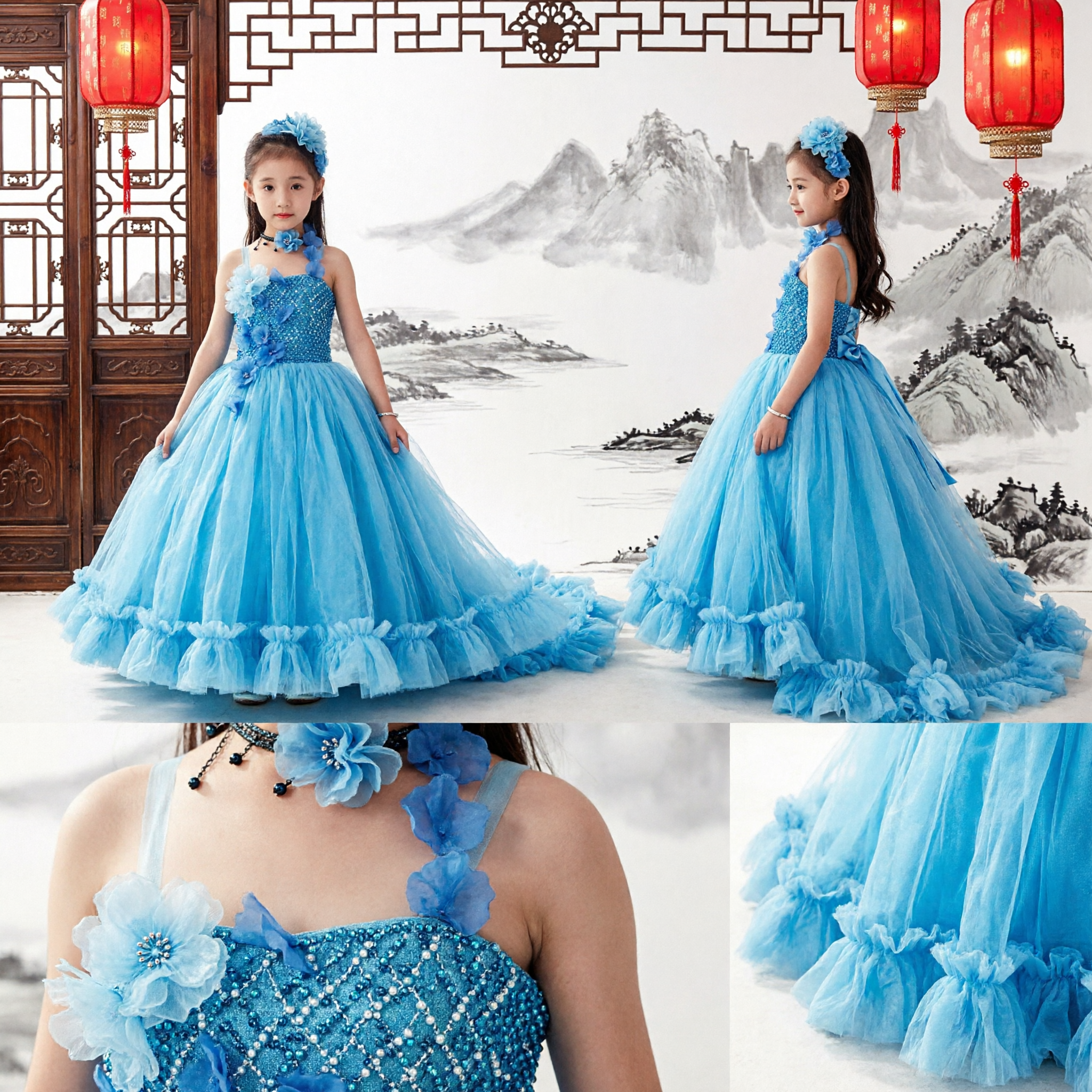 Elegant Blue Kids Flower Girl Dress Wedding Pageant Party Formal Tulle Gown with Headpiece - Asian Costume