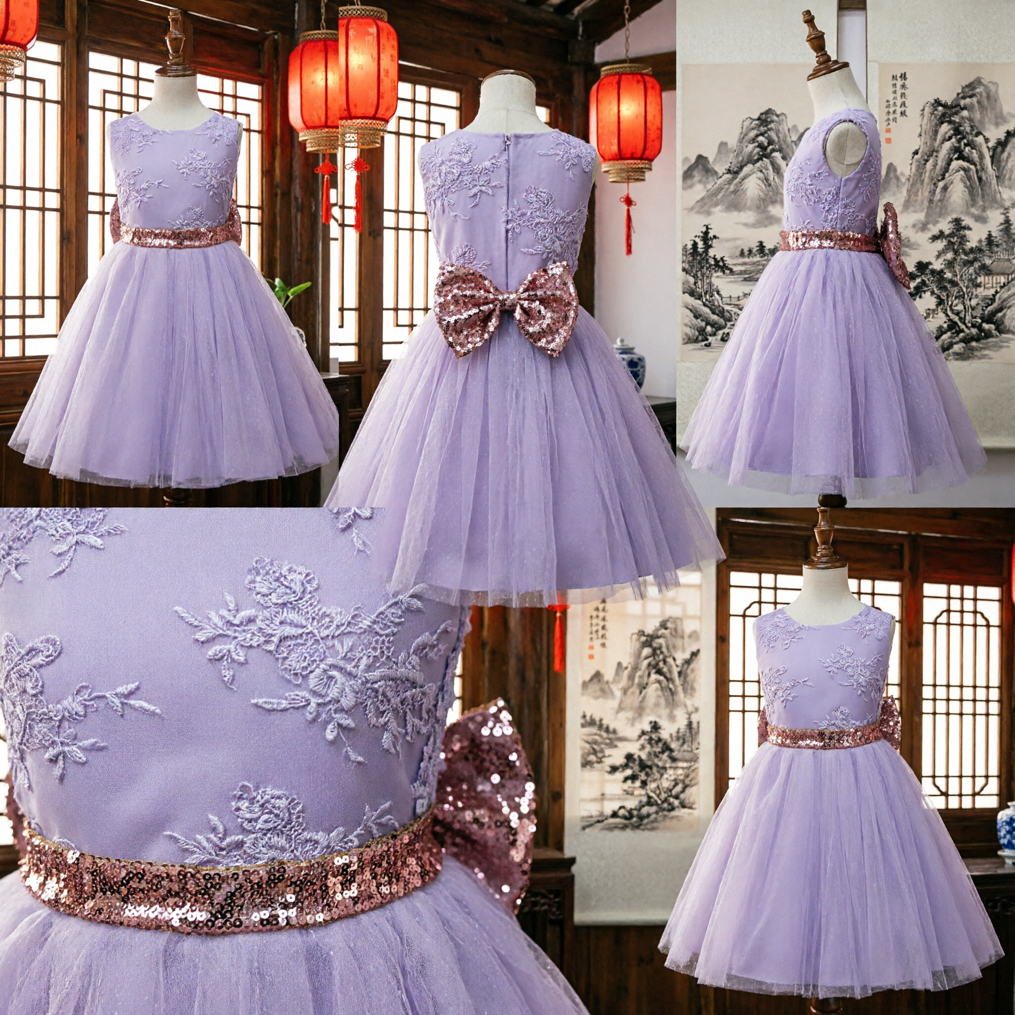 Girls Purple Lace Bodice Tulle Skirt Flower Girl Dress with Sequin Sash for Wedding Party - Asian Costume