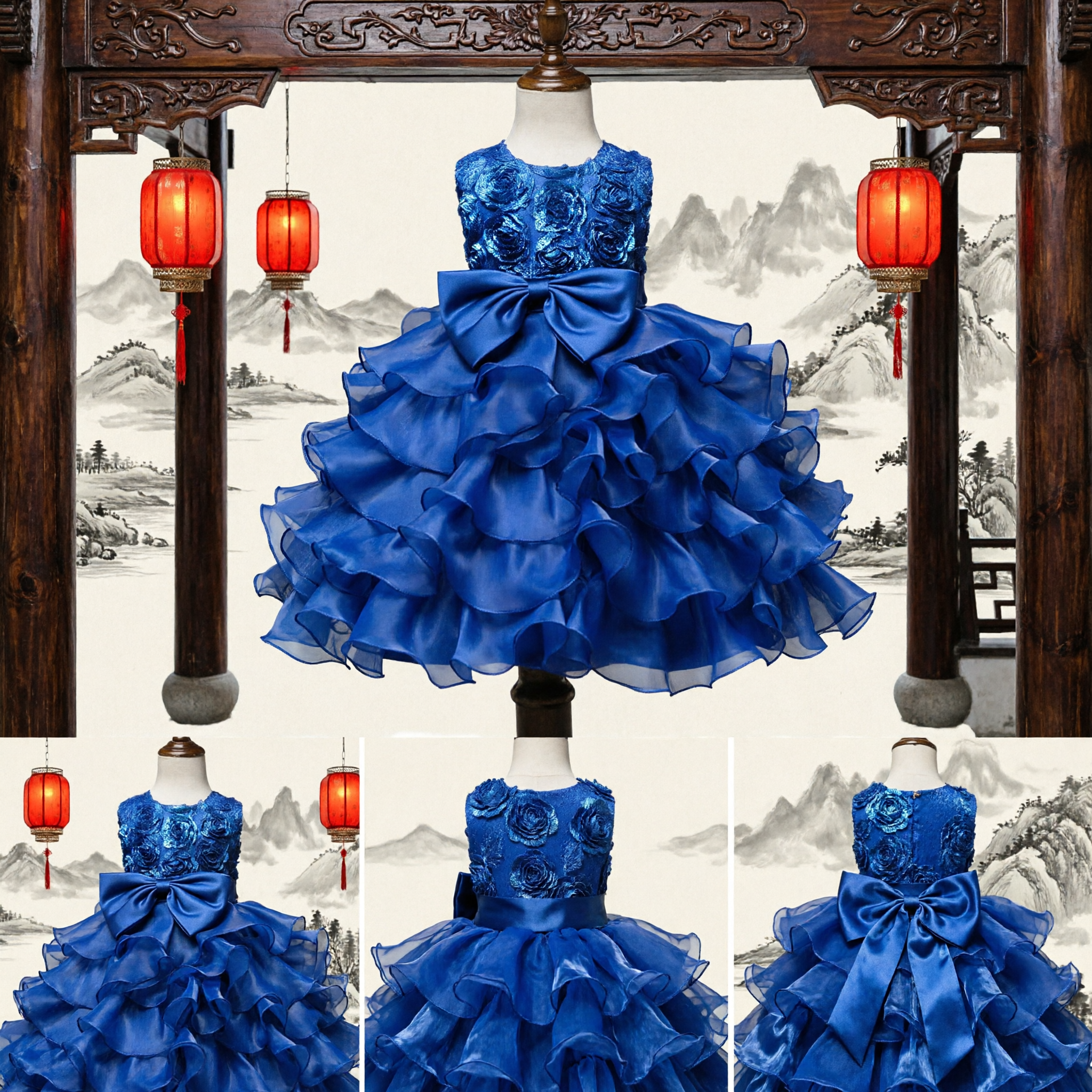 Royal Blue Kids Flower Girl Dress with Rosette Bodice and Tiered Ruffles for Wedding Party Pageant - Asian Costume