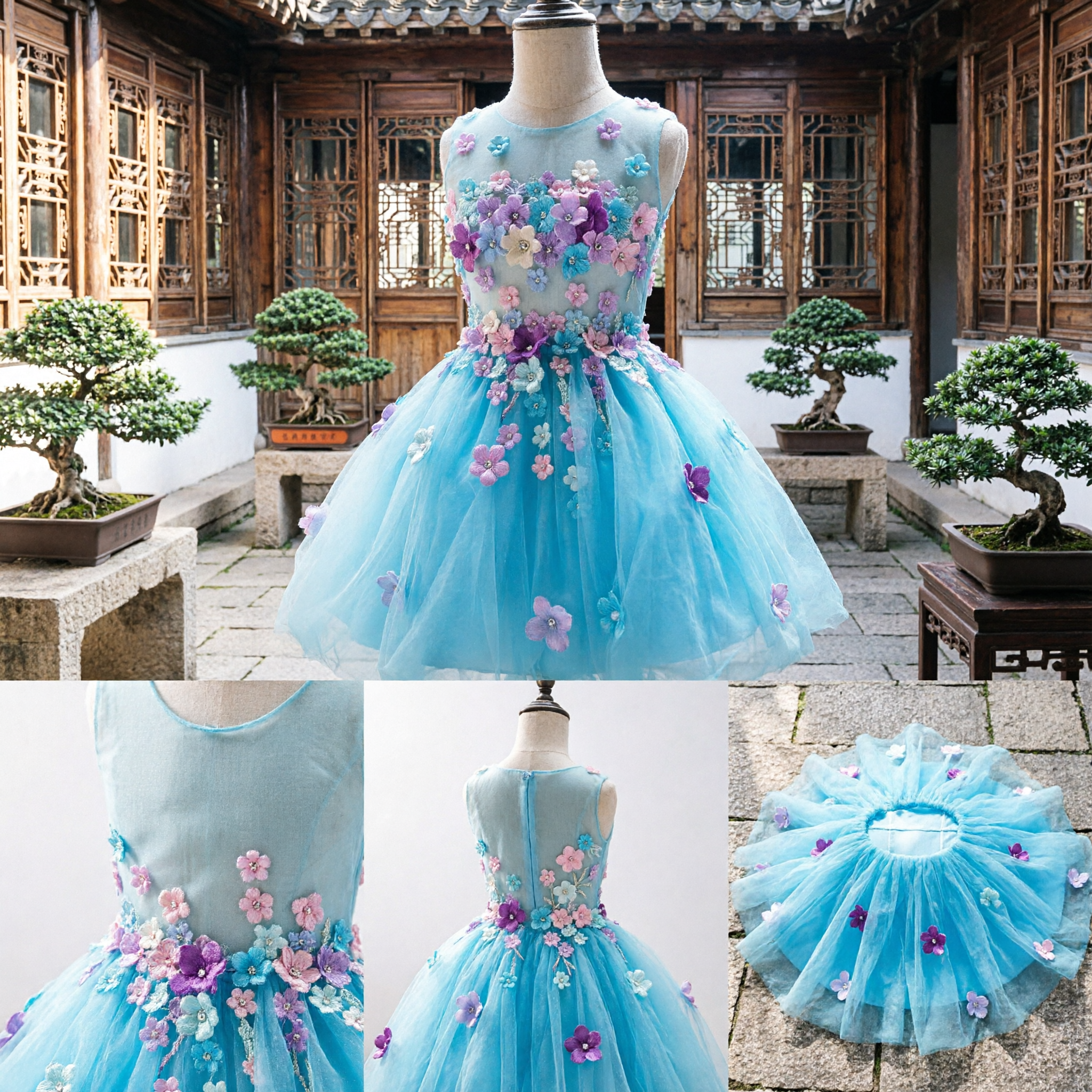 Girls Blue Princess Dress 3D Floral Applique Tulle Tutu Gown for Wedding Party Birthday - Asian Costume