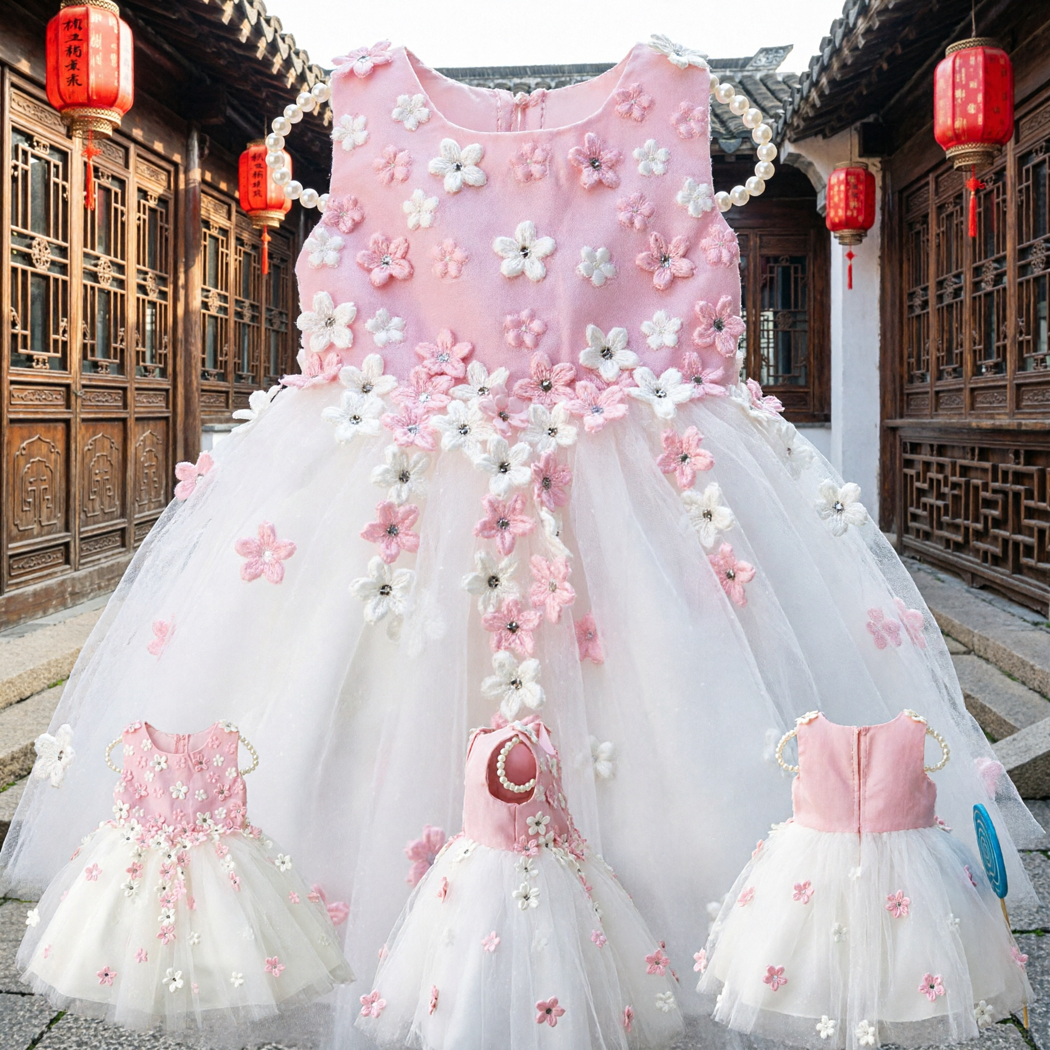 Pink and White Floral Tulle Dress for Toddler Girls Sleeveless Party Wedding Flower Girl Gown - Asian Costume