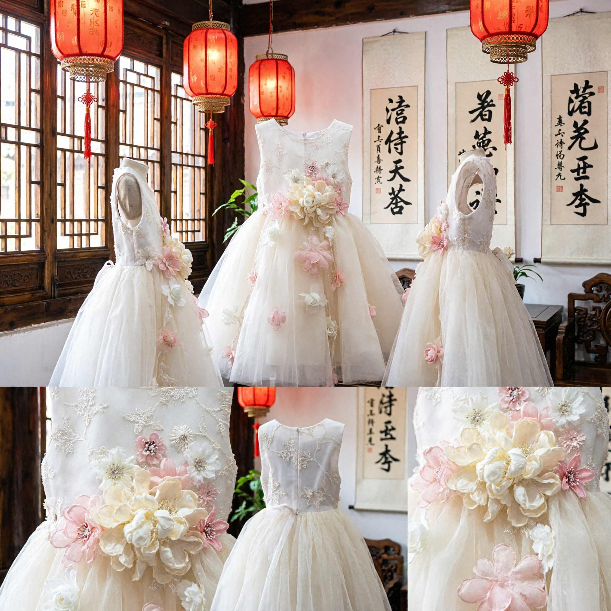 Elegant Cream Flower Girl Dress with 3D Floral Appliques Tulle Princess Gown for Wedding Party - Asian Costume