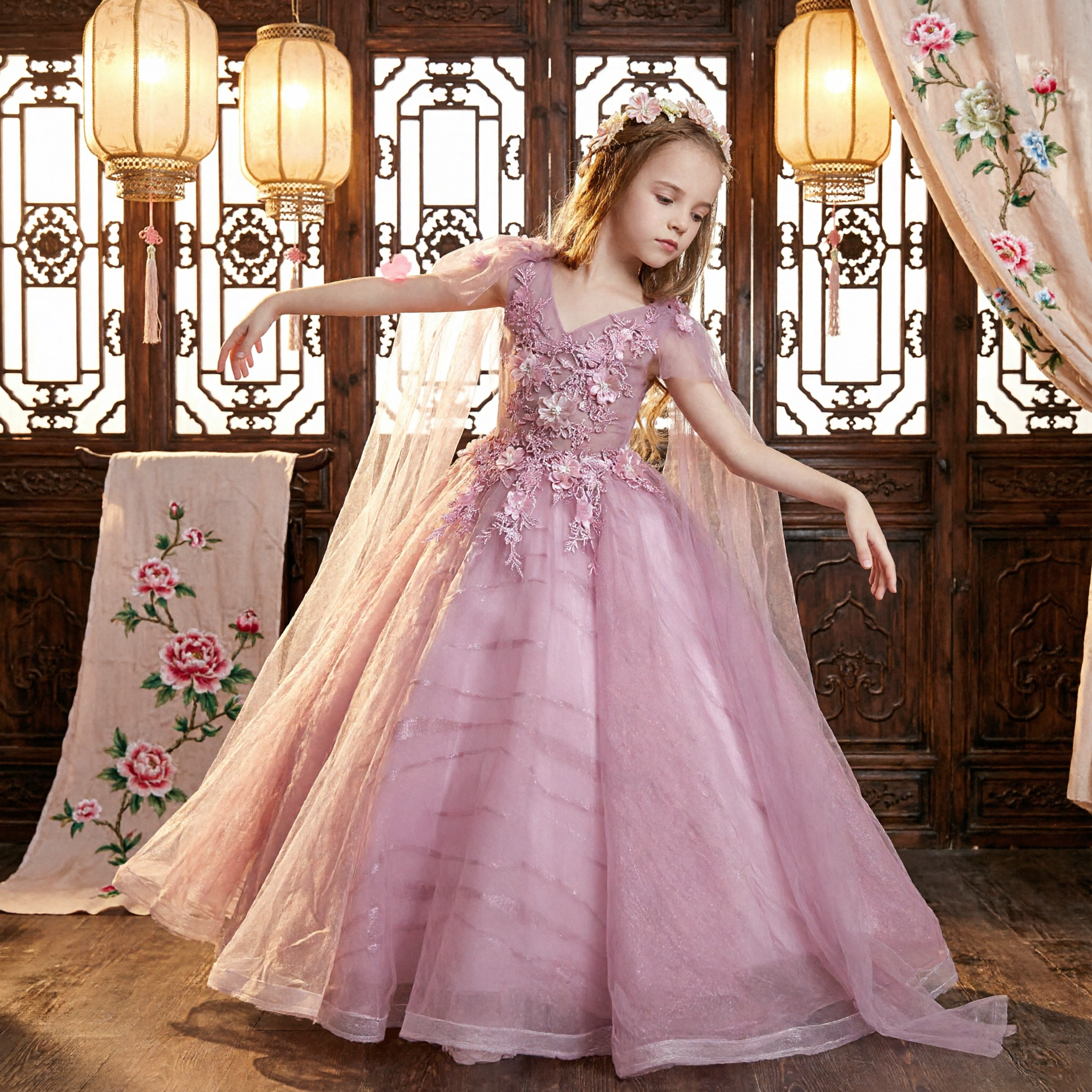 Elegant Pink Floral Tulle Ball Gown Dress for Girls Flower Girl Wedding Party Pageant Princess - Asian Costume