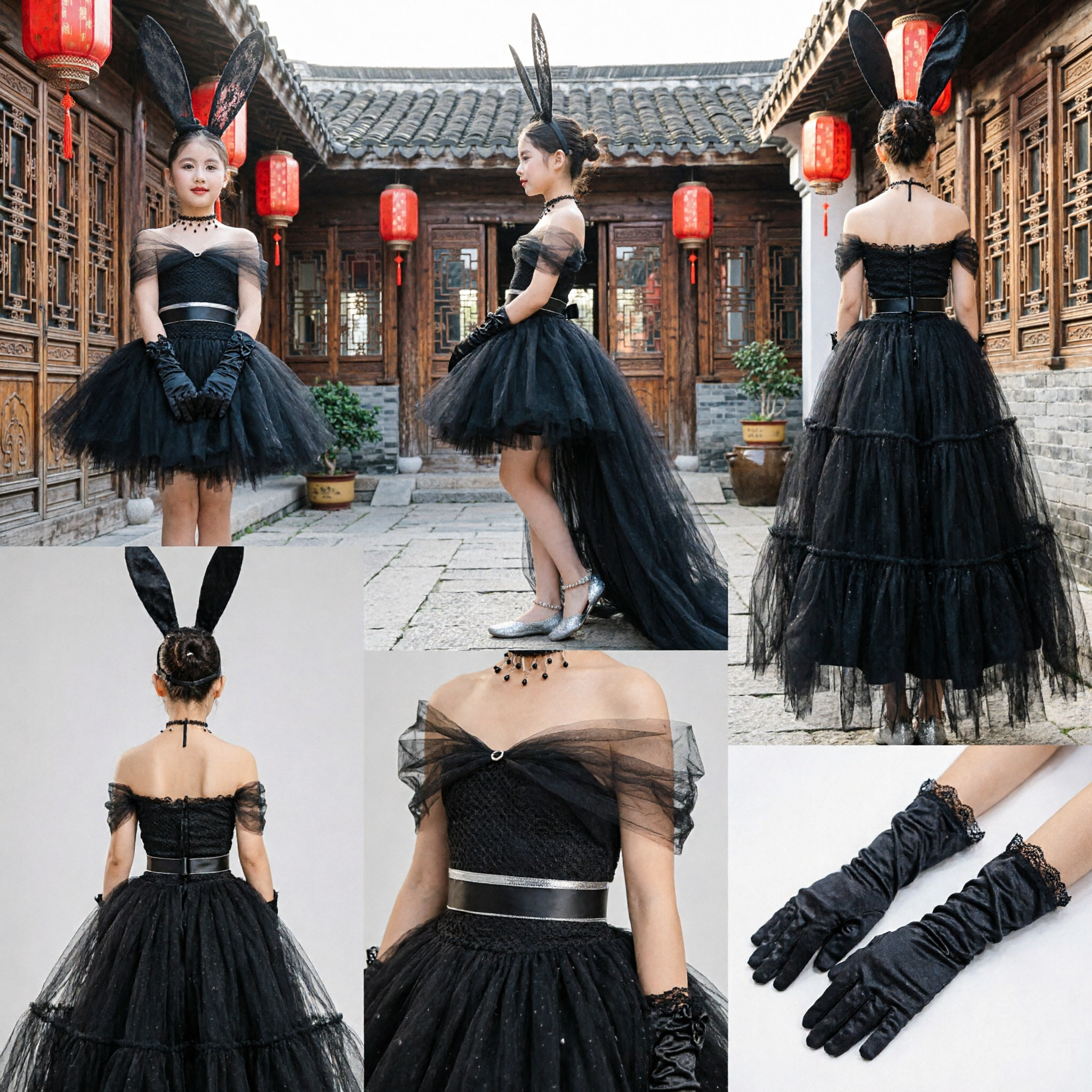Elegant Black Bunny Girl Costume for Kids with Lace Ears and Tulle Gown for Stage Performance - Asian Costume