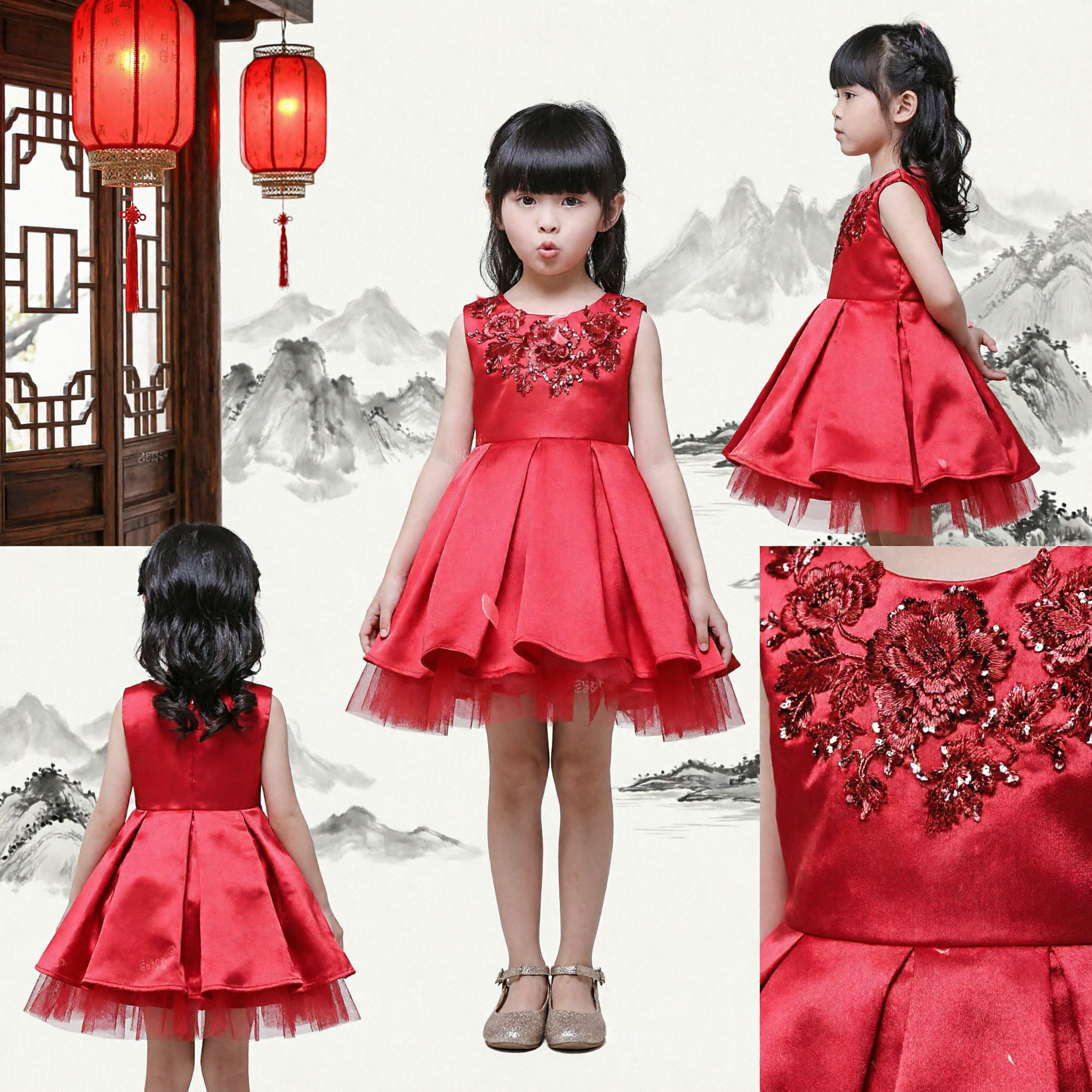 Girls Red Sequin Floral Sleeveless Princess Dress for Wedding Party Performance Formal Occasion - Asian Costume