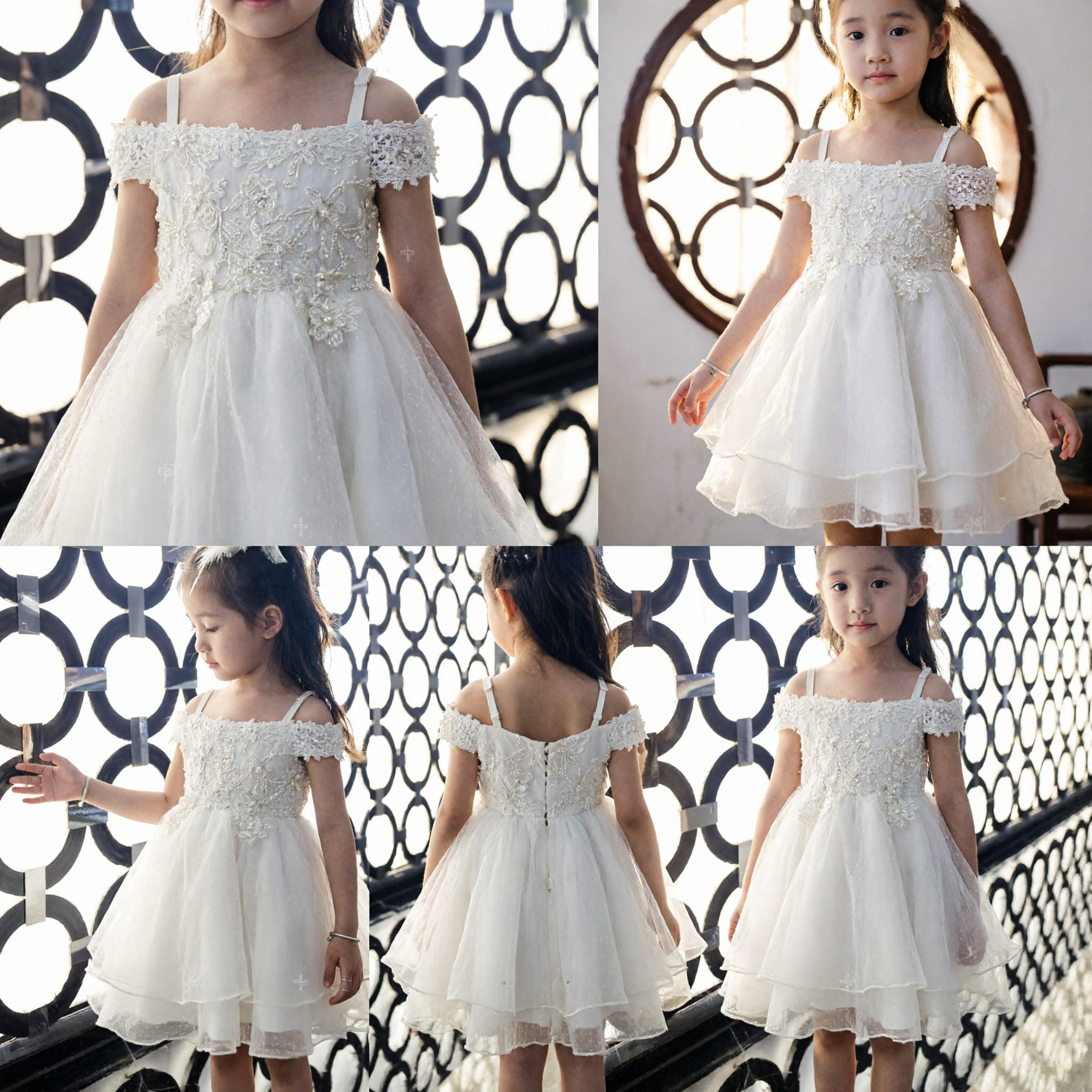 Elegant White Off-Shoulder Lace Tulle Dress for Little Girls Wedding Flower Girl Party Gown - Asian Costume