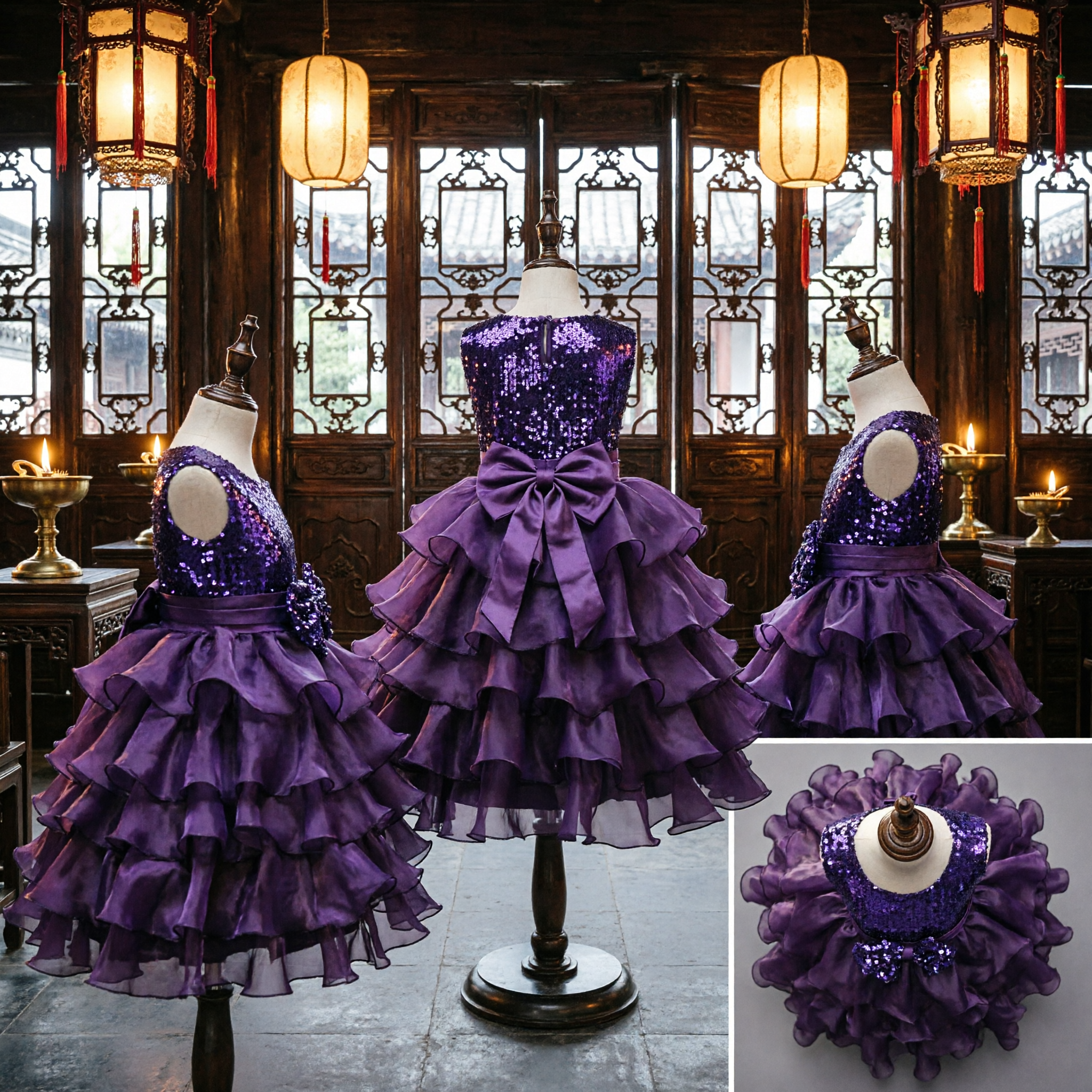 Girls Purple Sequin Party Dress with Large Bow and Tiered Ruffle Skirt for Flower Girl Pageant - Asian Costume
