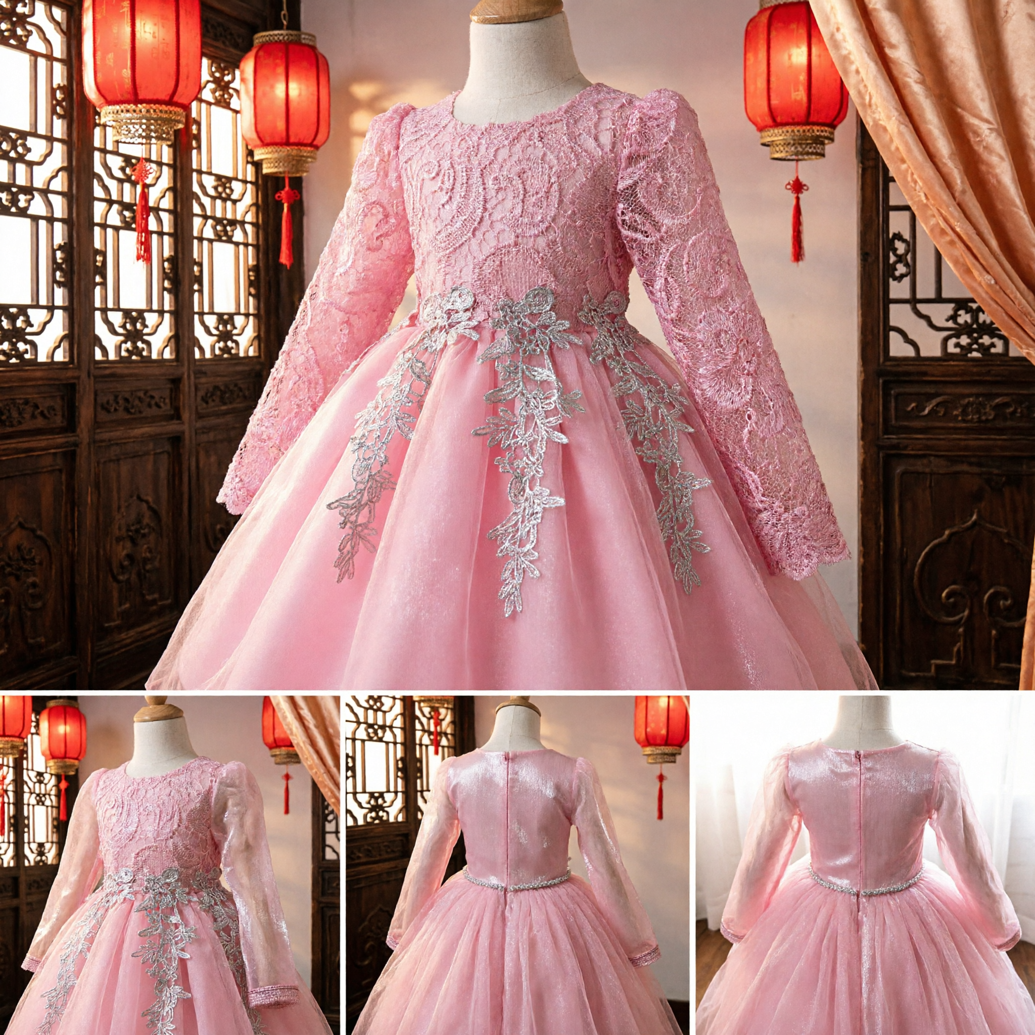 Pink Lace Applique Long Sleeve Flower Girl Dress for Wedding Party Pageant Toddler Kids Formal Ballgown - Asian Costume