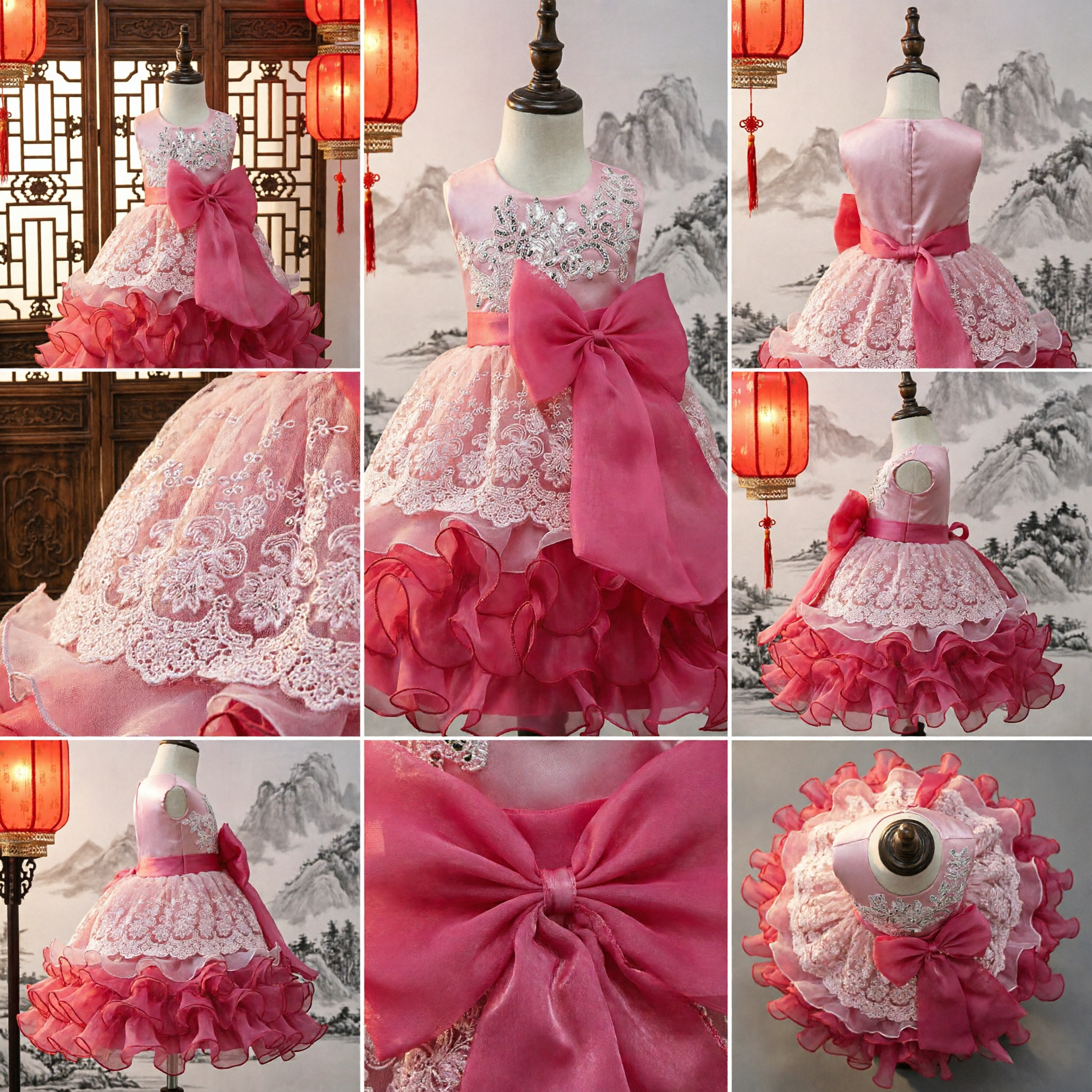 Girls Pink Flower Girl Dress Sequin Lace Bodice Big Bow Ruffle Skirt Wedding Party Gown - Asian Costume
