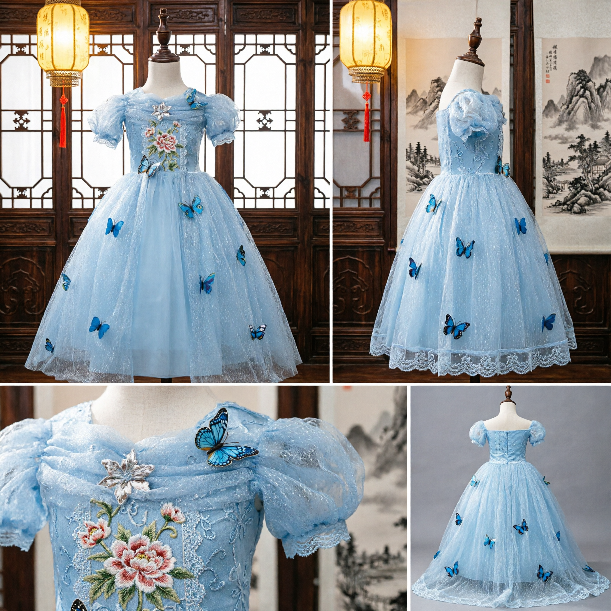 Girls Blue Princess Dress Cinderella Butterfly Cosplay Costume Kids Tulle Ball Gown for Birthday Parties - Asian Costume