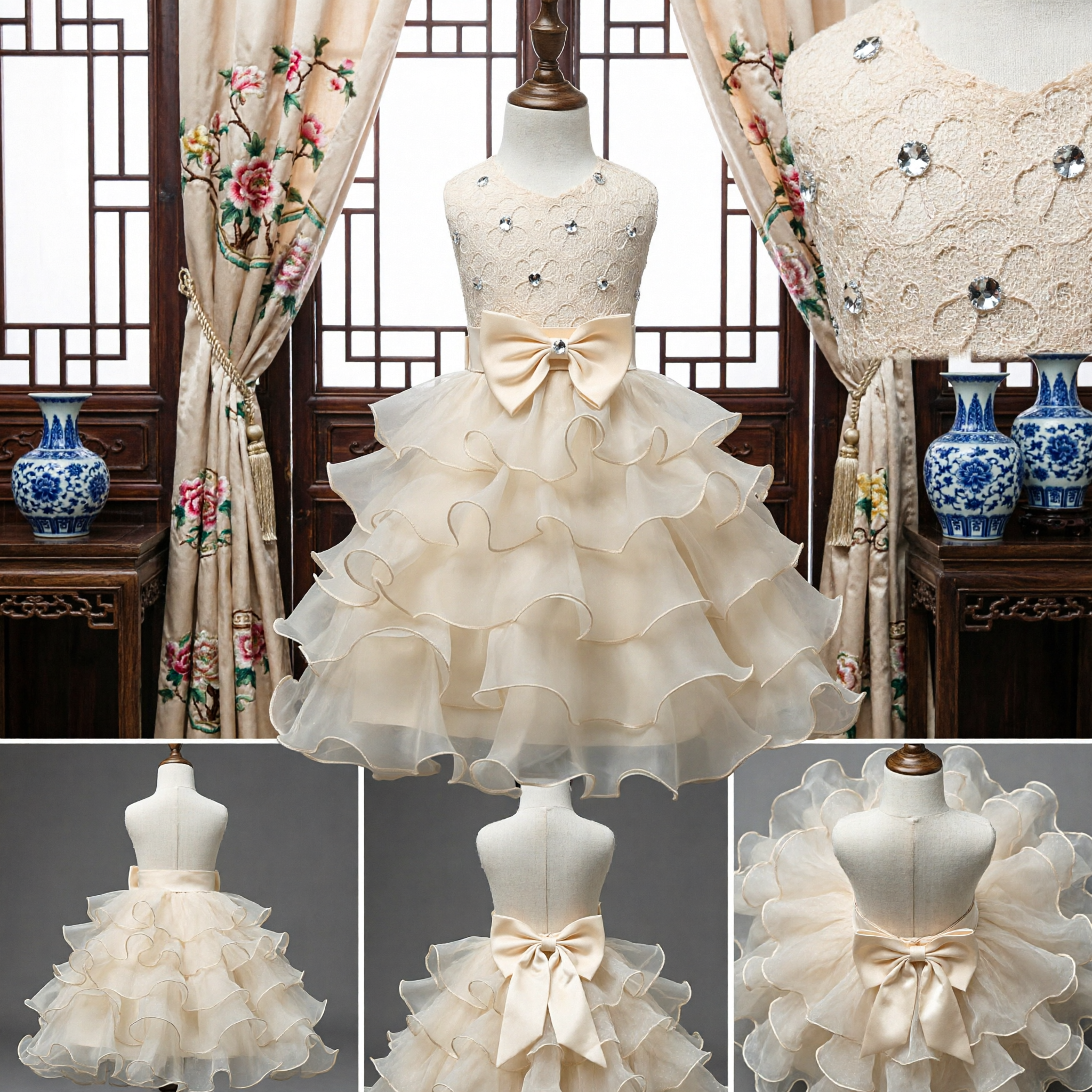 Elegant Cream Flower Girl Dress for Kids Formal Wedding Party with Rhinestone Bodice and Ruffled Tutu Skirt - Asian Costume