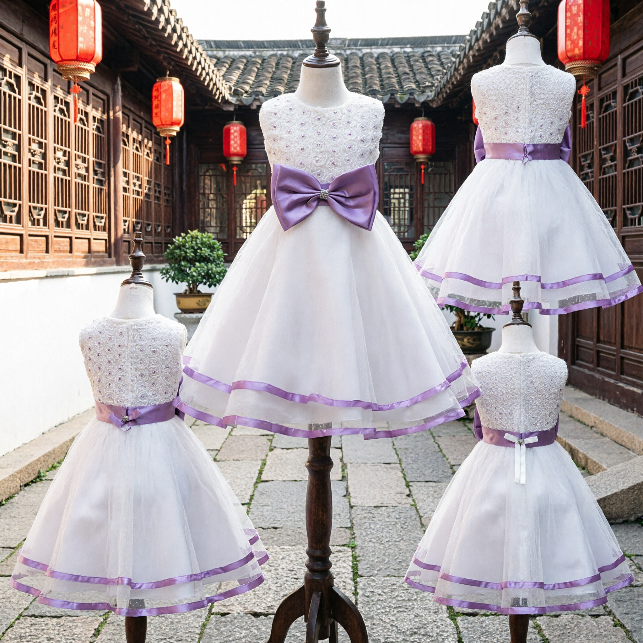 Elegant White Flower Girl Dress with Large Purple Bow and Lace Bodice for Weddings and Parties - Asian Costume
