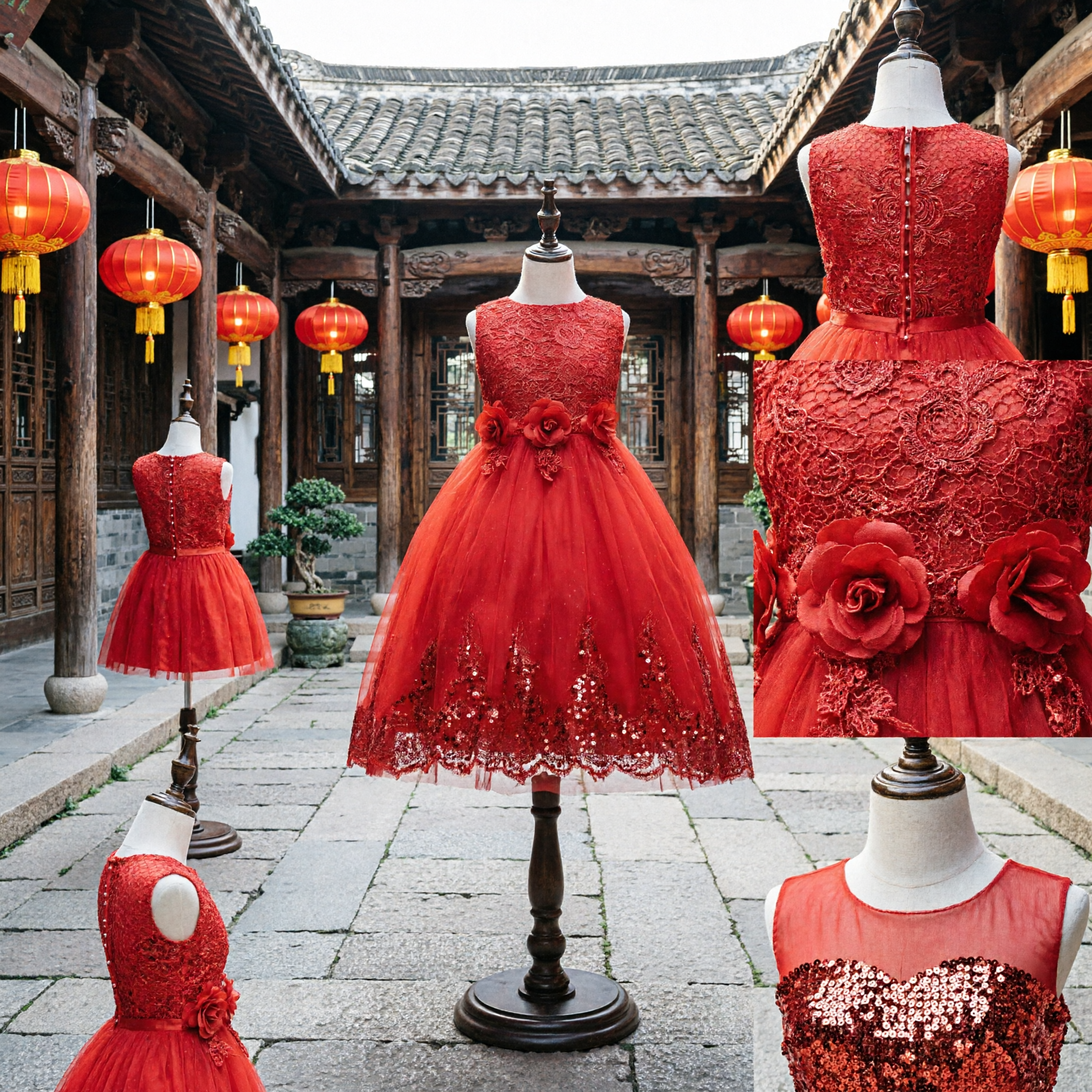 Sleeveless Red Lace Princess Dress for Girls Kids Wedding Flower Girl Party Formal Tulle Gown - Asian Costume