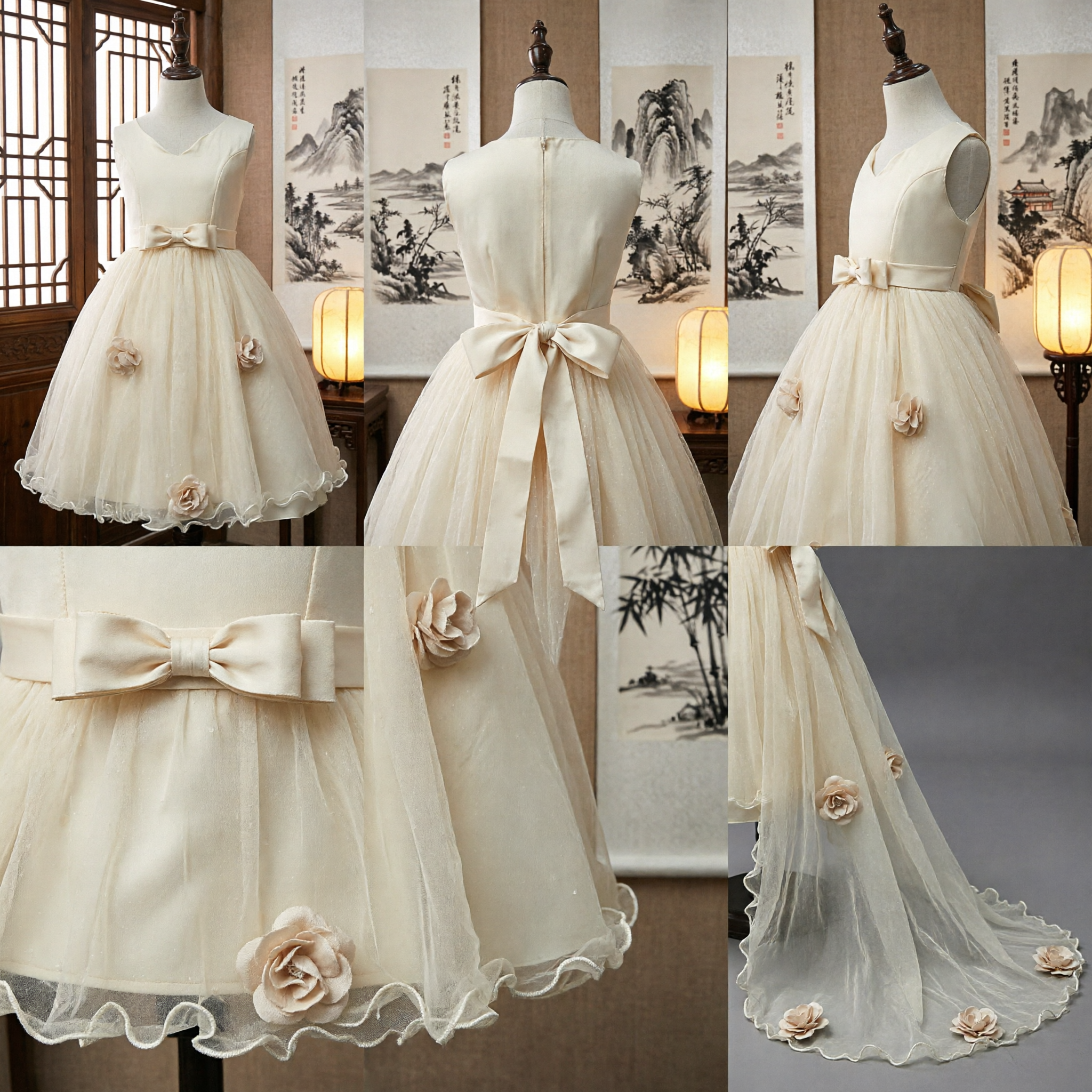Elegant Ivory Flower Girl Dress with Satin Bow and Tulle Skirt Long Train for Wedding Party - Asian Costume