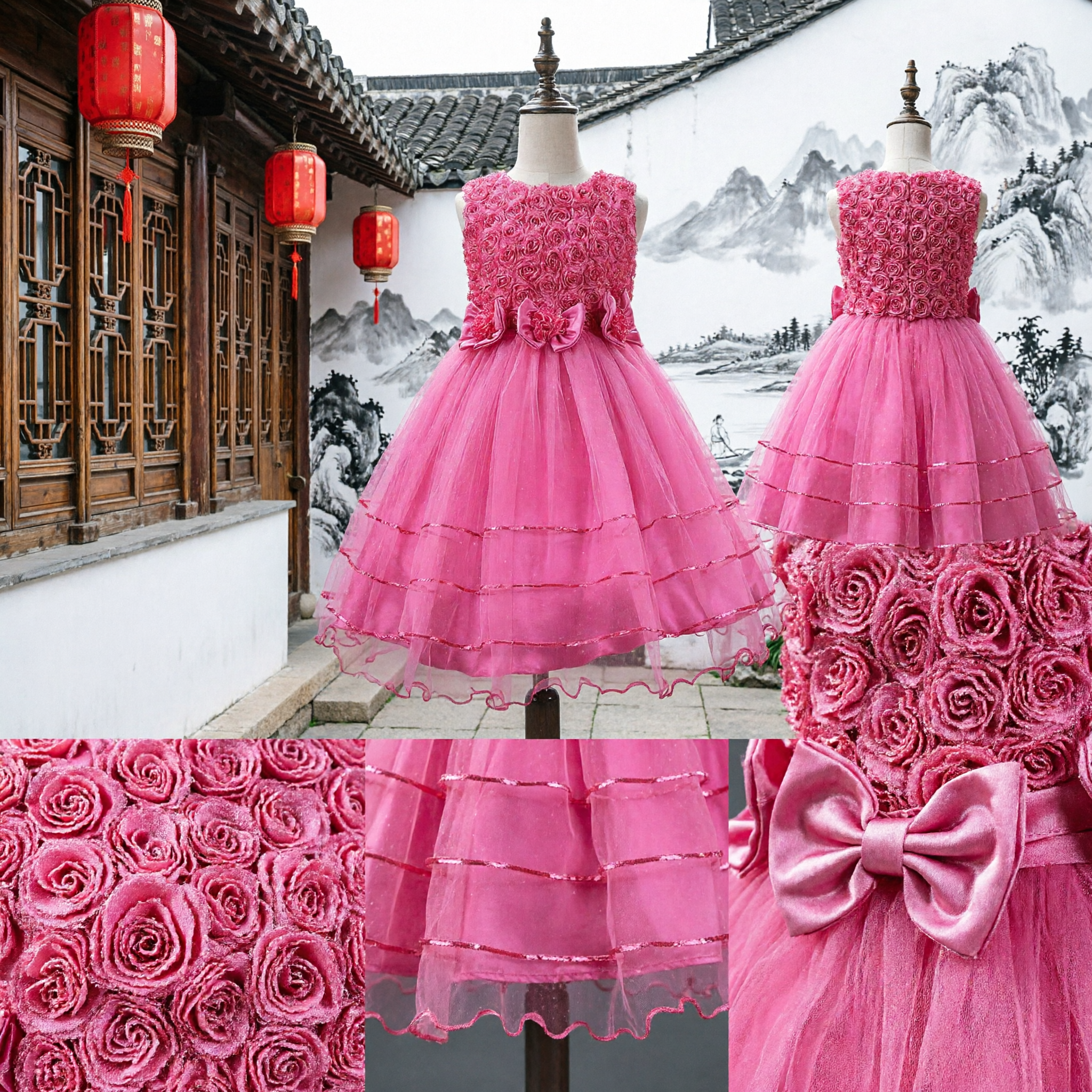 Girls Hot Pink Rosette Bodice Tulle Dress Sleeveless Flower Girl Gown for Wedding Party Birthday Formal Occasion - Asian Costume