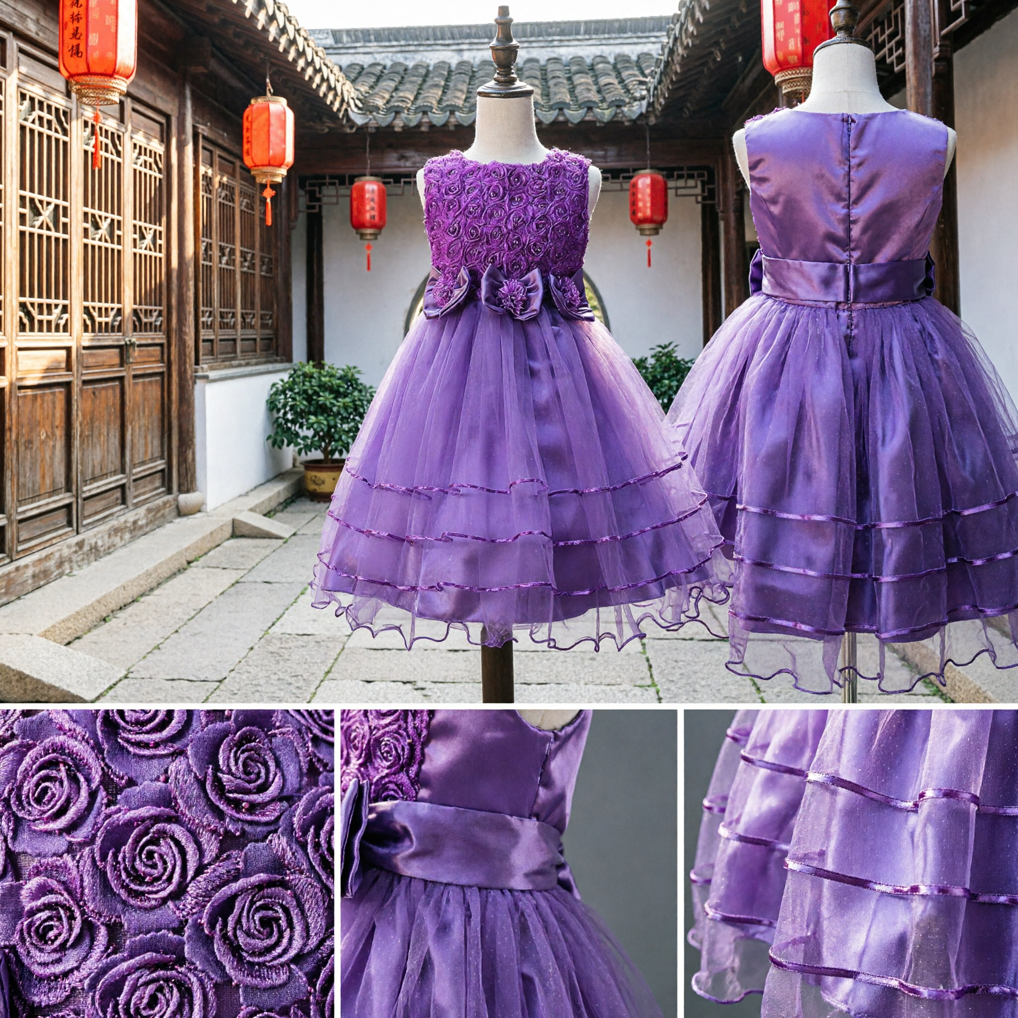 Purple Sleeveless 3D Rosette Bodice Tulle Tutu Dress for Girls Wedding Flower Girl Party Gown - Asian Costume